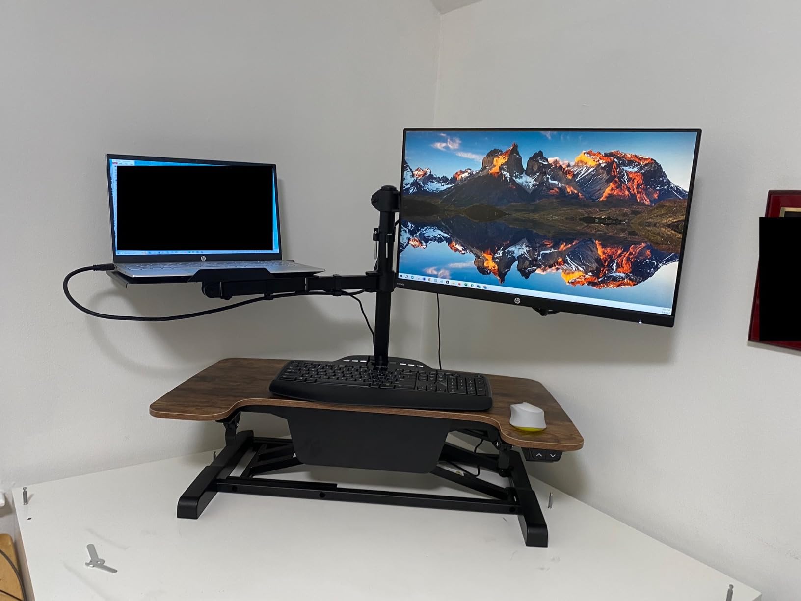 FLEXISPOT 35 inch Electric Standing Desk Converter, Motorized Stand up Desk Riser, Monitor and Laptop Workstation with Wide Keyboard Tray, Black customer photo 2