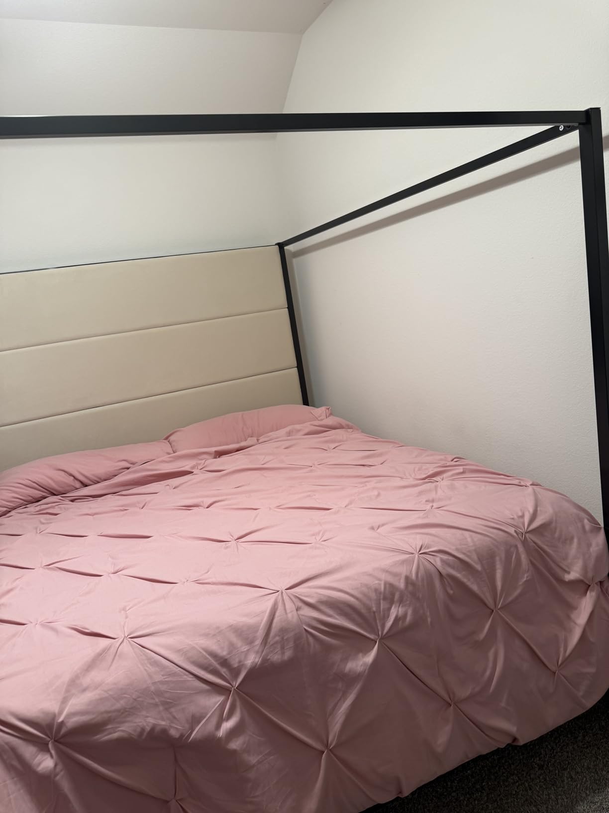 LUMISOL Queen Size Metal Canopy Bed Frame with Headboard, Gold 4-Poster Canopy Bed with Tall Linen Upholstered, Box Spring Needed, Easy Assembly, Gold + Tan customer photo 2