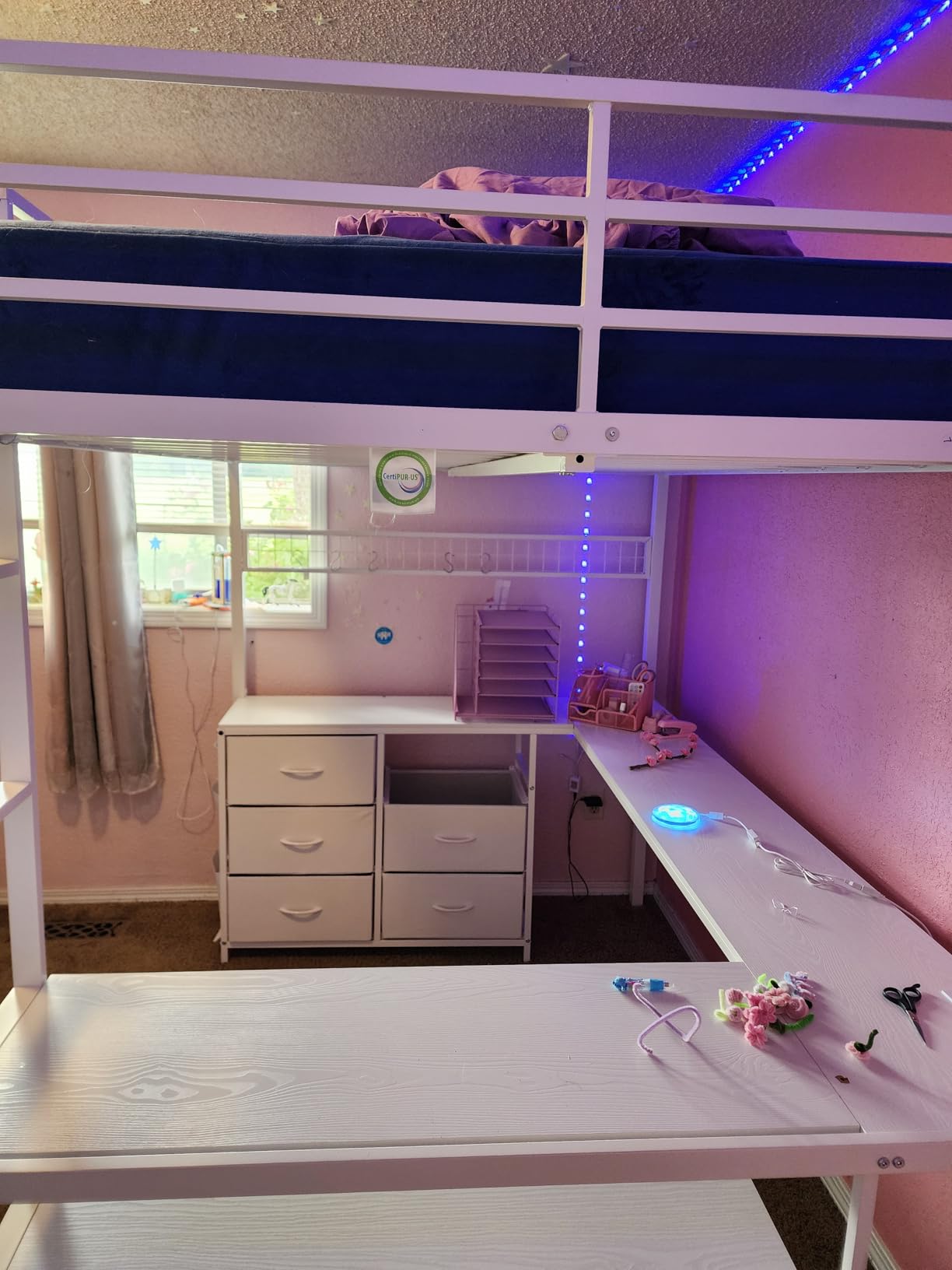 ADORNEVE Loft Bed Full Size with U-Shaped Desk, 6 Storage Drawers,White | Metal Loft Bed with Power Outlet, LED Light, 2 Storage Shelves, Safety Guardrail & Ladders, No Box Spring Needed customer photo 1