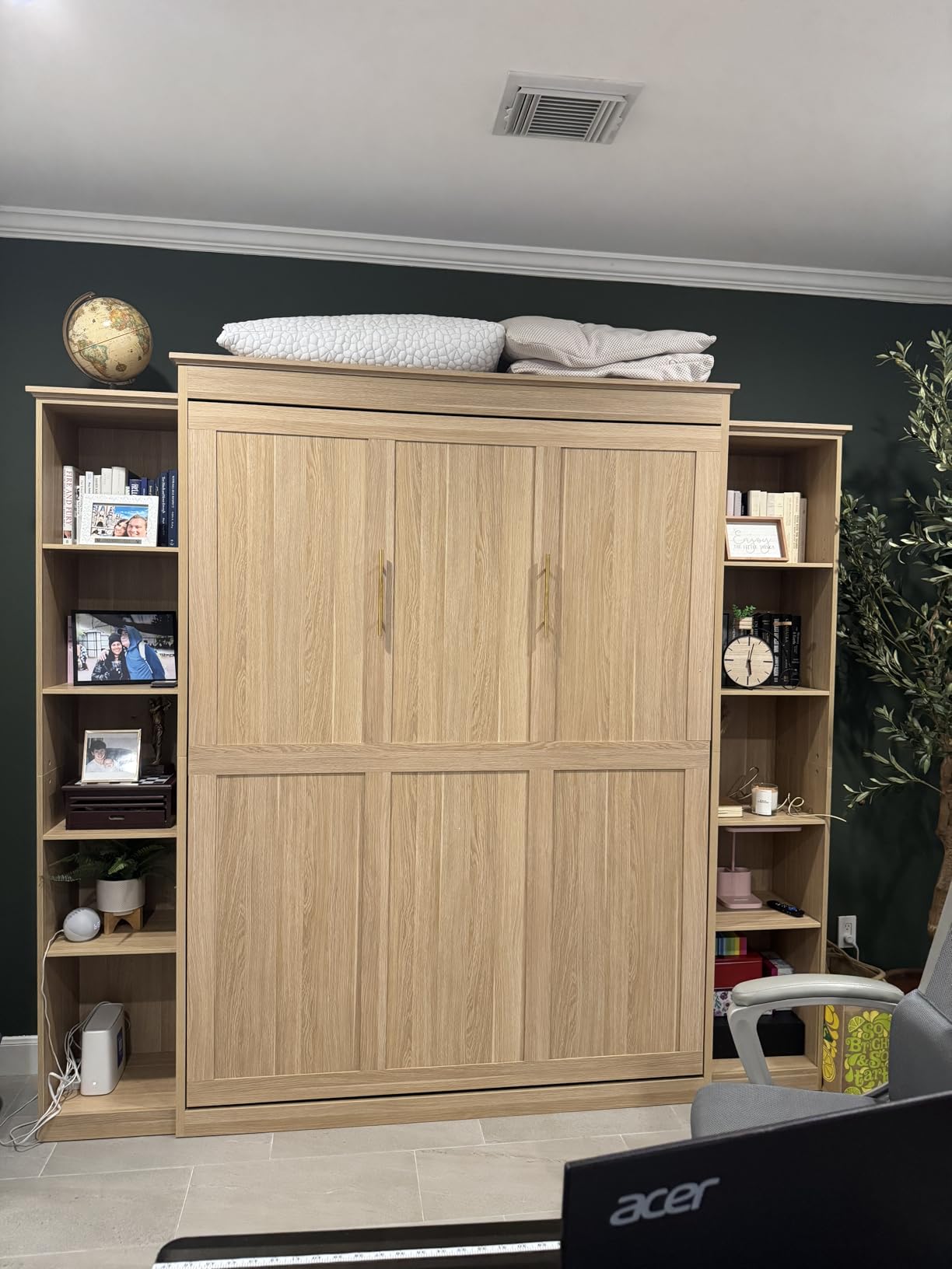 Rophefx Queen Murphy Bed Cabinet with 5-Tier Shelves, Wood Wall Bed, Grey | Foldable queen wall bed with five adjustable storage shelves saves floor space while adding practical storage to guest rooms customer photo 2