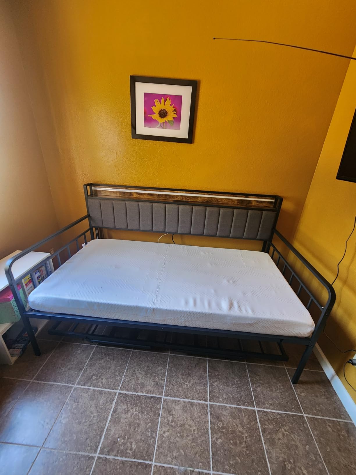 Daybed with Trundle and LED Light, Heavy Duty Metal Twin Bed Frame with Upholstered Storage Headboard & Charging Station, Day Bed Pop Up Trundle Bed Twin for Living Room,Bedroom and Guest Room, Brown customer photo 2