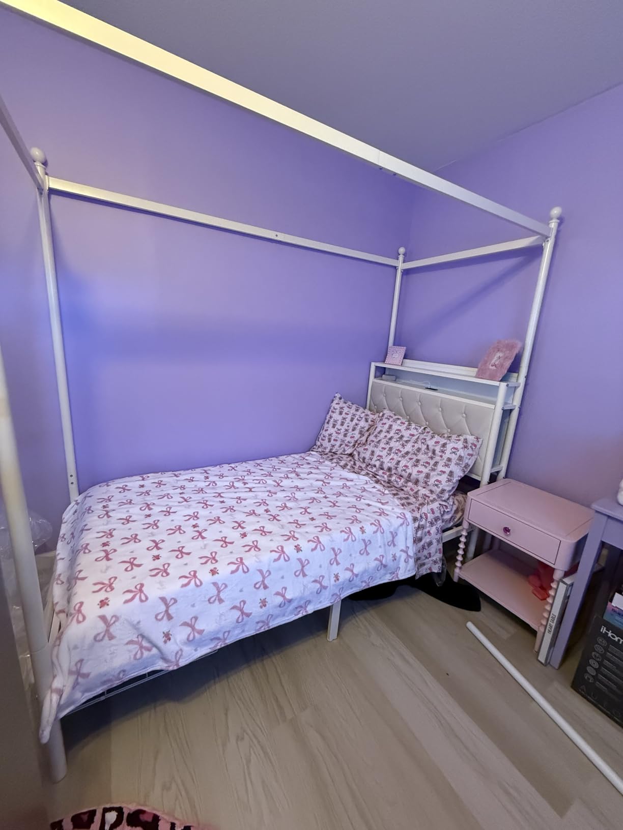 HIFIT Full Size LED Canopy Bed Frame with Storage & Charging Station, Beige customer photo 2