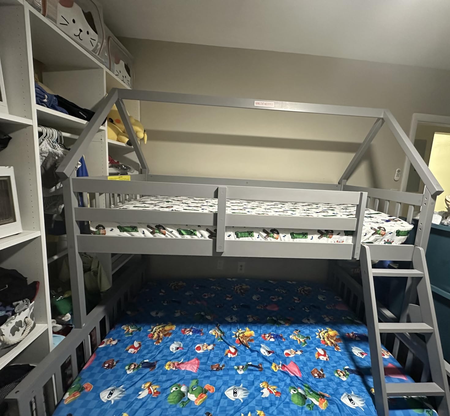KOMFOTT Wood Twin Over Twin Bunk Bed with Slide & Staircase, Twin House Bunk Bed with Safety Guardrails & Storage, Floor House Bed with Wooden Slat Support for Boys Girls, No Box Spring Needed (Grey) customer photo 2