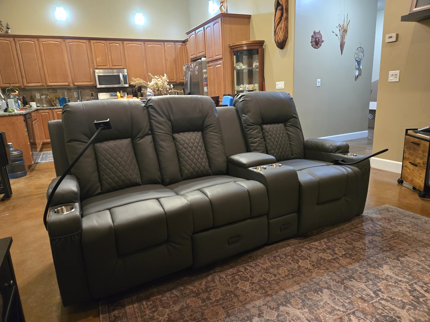 YONISEE Loveseat Recliner Sofa with Flip Backrest Design, 3 Seat Reclining Sofa with Storage Console, Drawer, USB Ports, 2 Cell Phone Holder, Loveseat Recliner Couch for Living Room customer photo 2