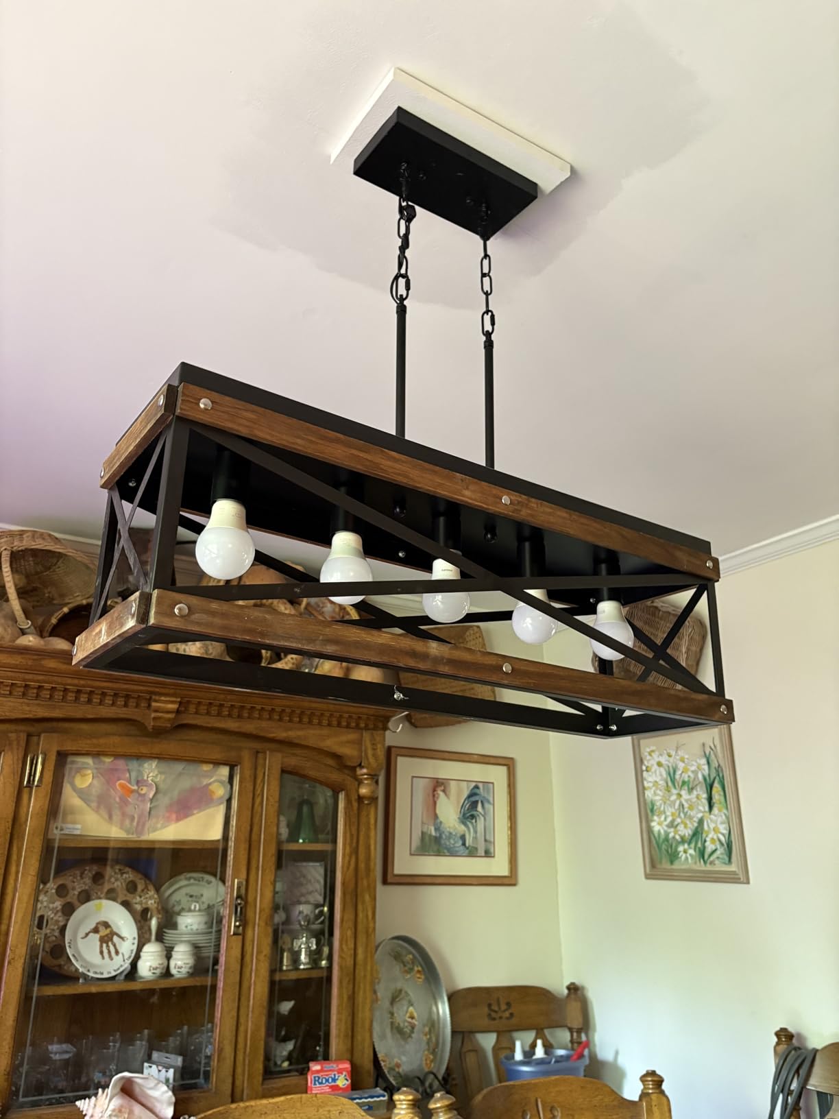 Rustic Farmhouse Wood Kitchen Island Lighting, 6 Lights Rectangular Pendant Light Fixture, Adjustable Chain Oak Wood and Metal Linear Chandelier for Dining Room Kitchen Island Farmhouse, Black customer photo 1