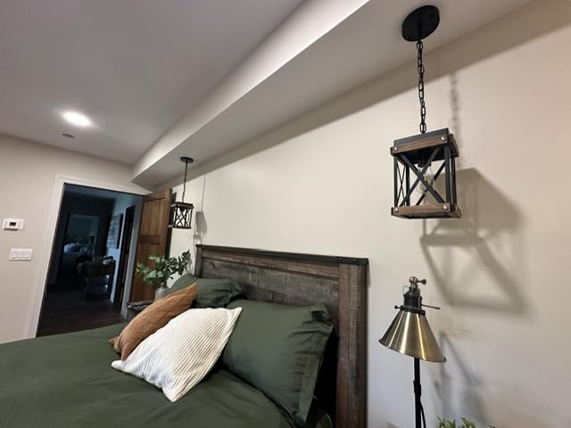 Rustic Farmhouse Wood Kitchen Island Lighting, 6 Lights Rectangular Pendant Light Fixture, Adjustable Chain Oak Wood and Metal Linear Chandelier for Dining Room Kitchen Island Farmhouse, Black customer photo 2