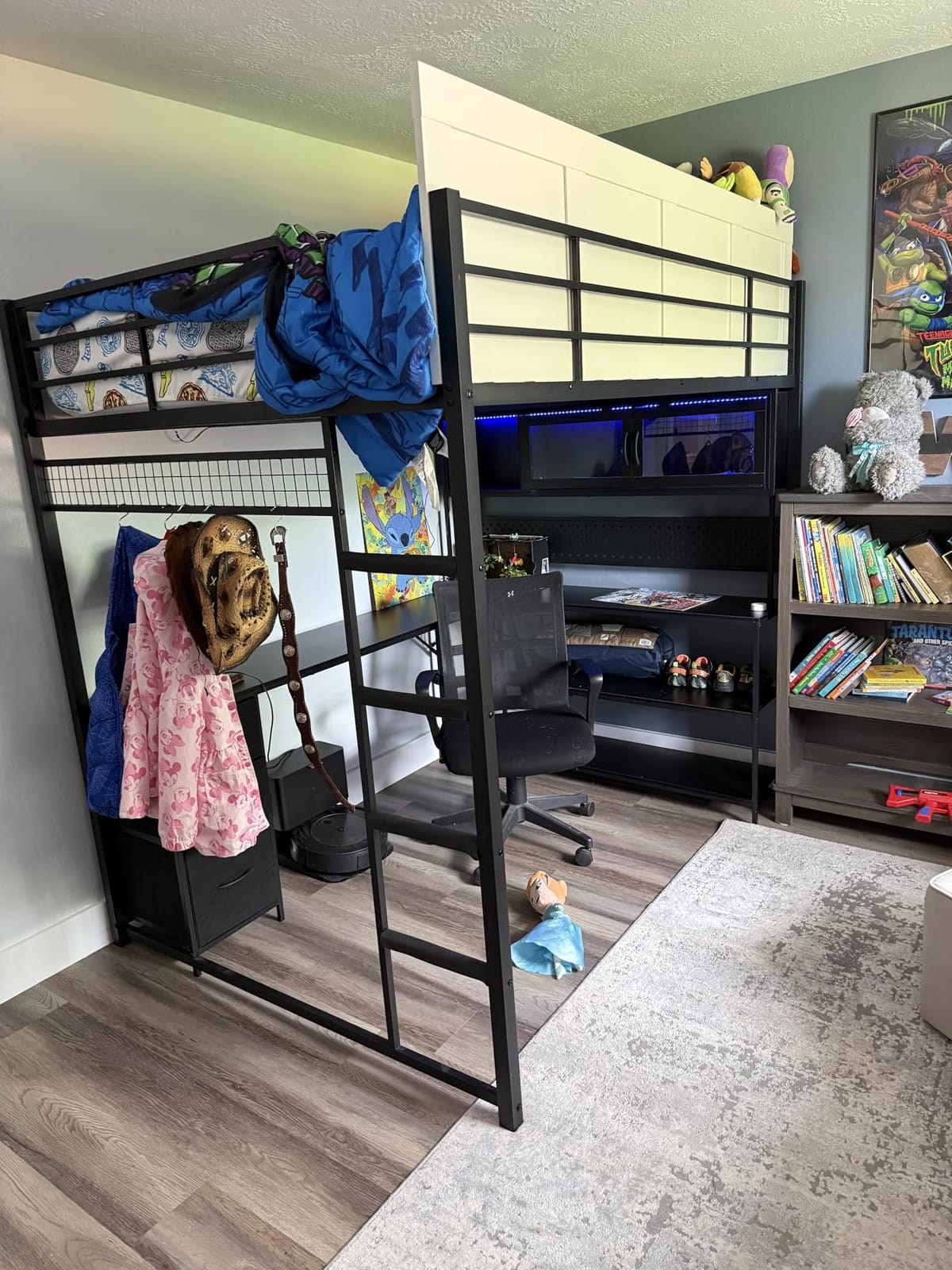 ADORNEVE Twin Size Loft Bed with Gaming Desk, RGB Hutch, Black | Expanded Safety Power Outlet, 3 Drawers, Shelves & Pegboard, Metal Loft Bed Frame with RGB Light, Space Saving for Teens customer photo 1