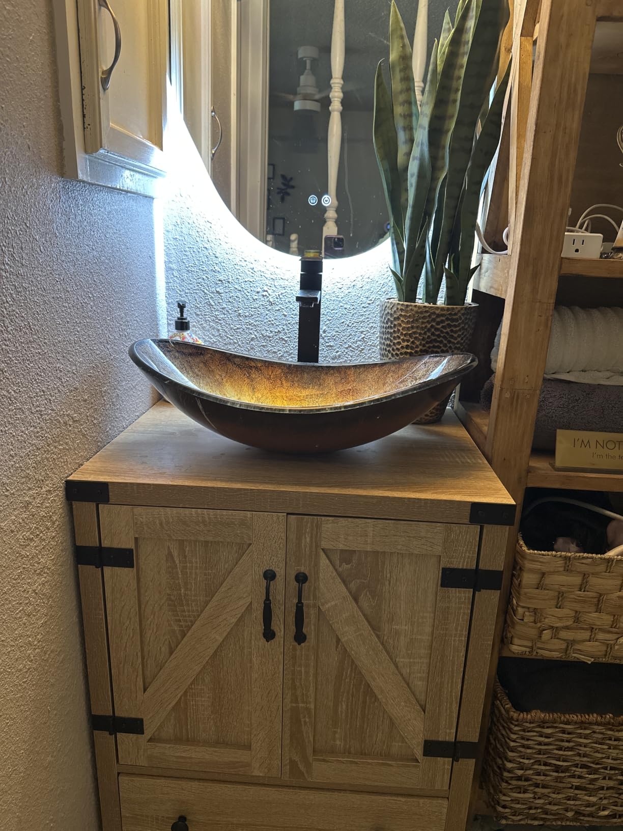 48 inch Natural Color Bathroom Vanity, Rustic Fixture Standing Pedestal Cabinet with Two Black Ceramic Vessel Sinks customer photo 1