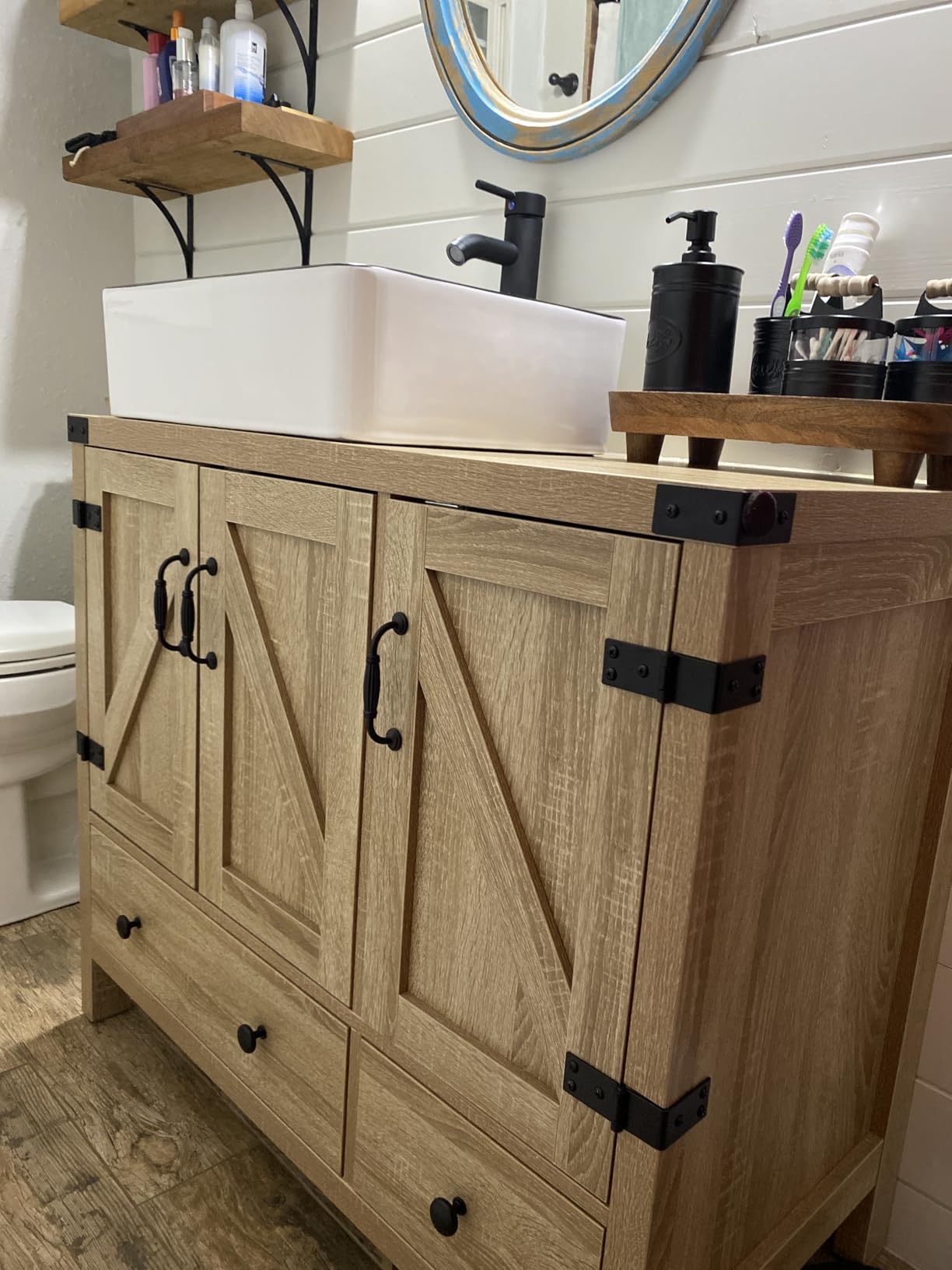 48 inch Natural Color Bathroom Vanity, Rustic Fixture Standing Pedestal Cabinet with Two Black Ceramic Vessel Sinks customer photo 2