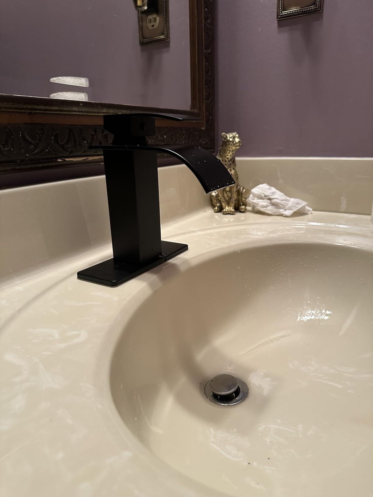 Matte Black Bathroom Faucet with Waterfall Spout and Pop-up Drain customer photo 2