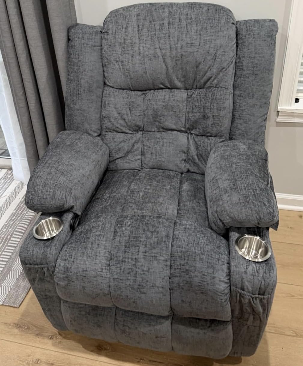 Korser 360° Swivel Rocker Recliner for Adults, Nursery Glider Recliner with Massage and Heating, Rocking Chair with Cup Holder, Manual Recliner Chair for Living Room, Bedroom (Fabric, Dark Gray) customer photo 1