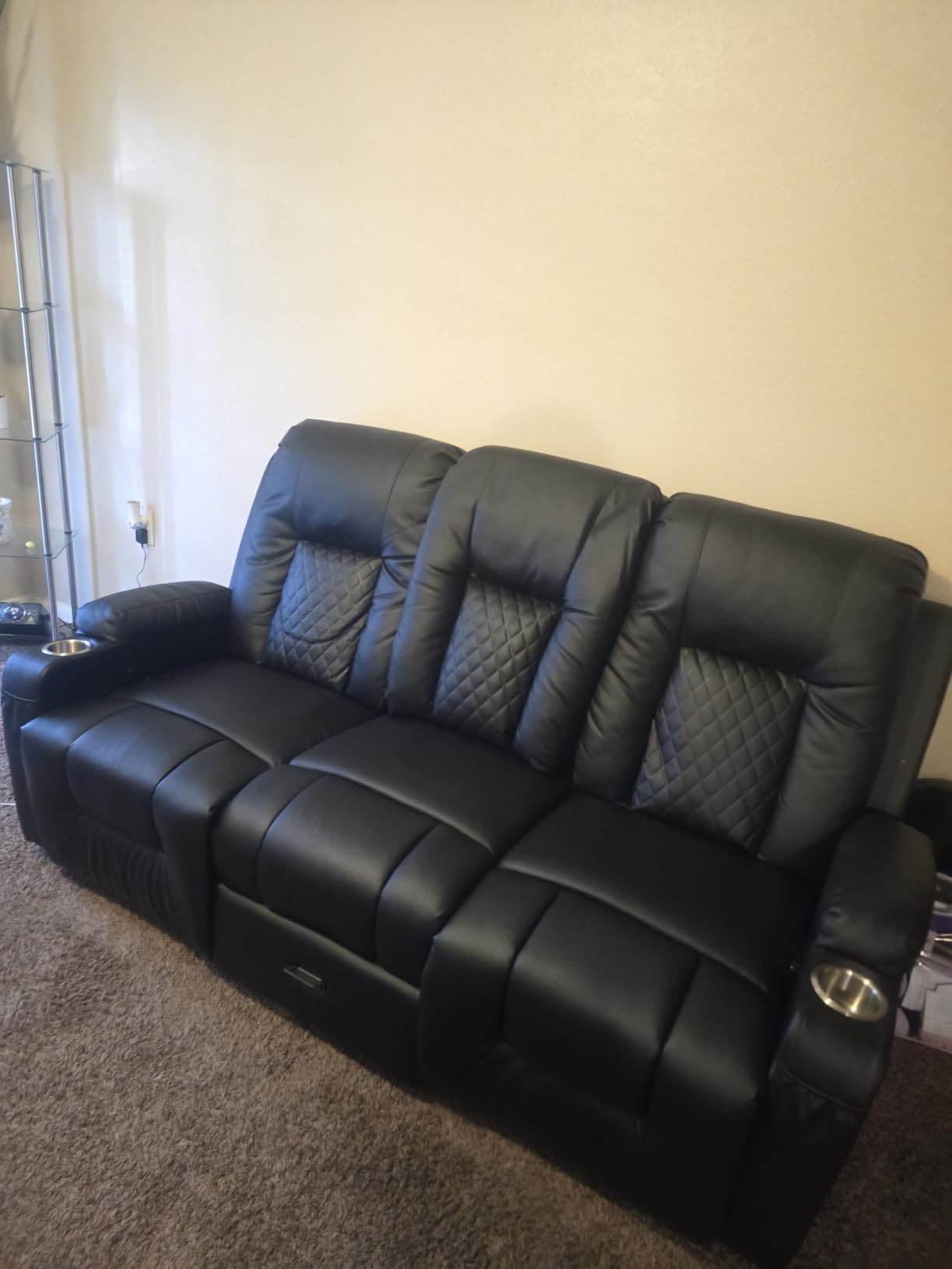 FURNIMAT Loveseat Recliner Sofa, 3 Seater Dual Reclining Sofa with Flip Back Console, Modern PU Leather Loveseat Couch for Living Room/RV, with Storage, USB Ports, Cup Holder, Cell Phone Holder, Black customer photo 1