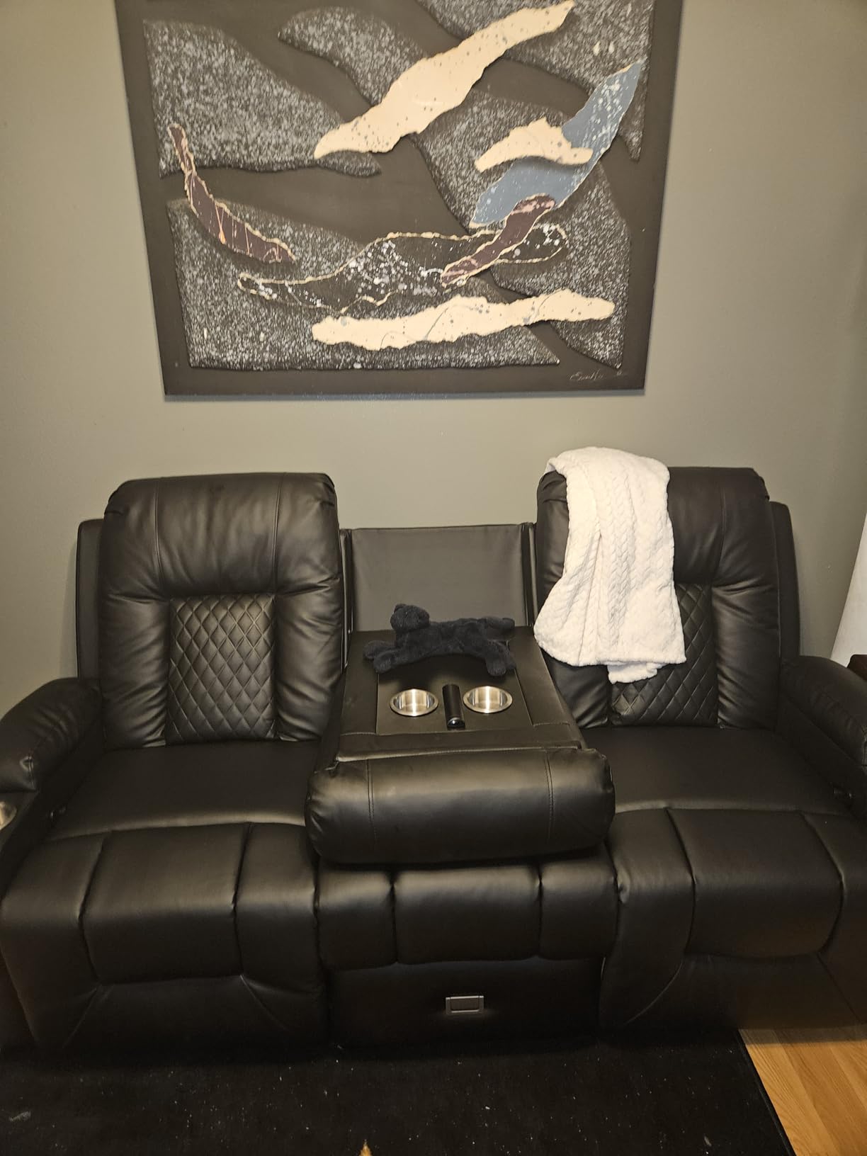 FURNIMAT Loveseat Recliner Sofa, 3 Seater Dual Reclining Sofa with Flip Back Console, Modern PU Leather Loveseat Couch for Living Room/RV, with Storage, USB Ports, Cup Holder, Cell Phone Holder, Black customer photo 2