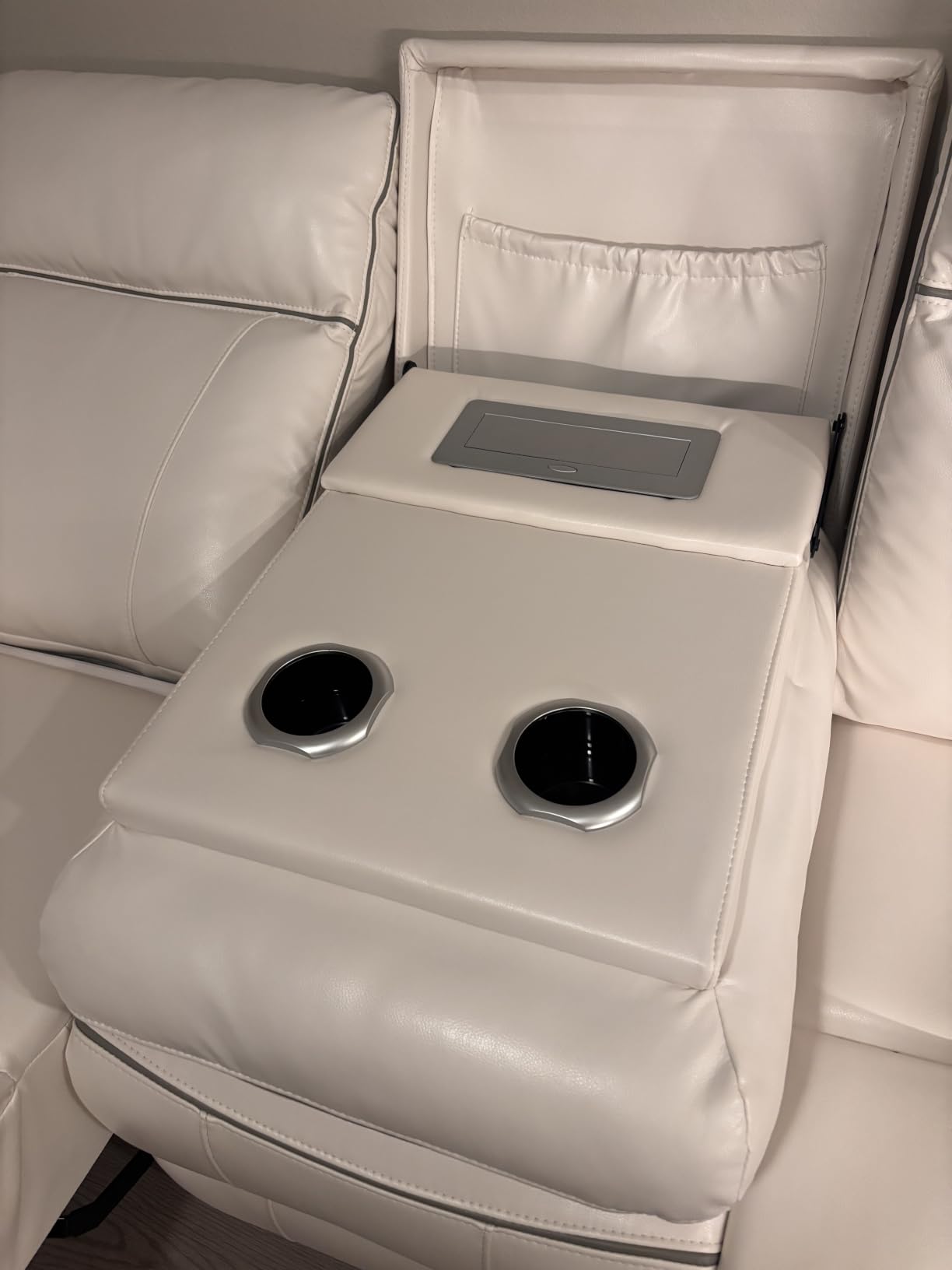 Power Reclining Sofa with Fold Down Table, Breathable Leather Electric Reclining Couch, Power Loveseat Recliner Sofa with Cup Holders/Outlets/USB-C/A Ports for Living Room(Grey, 3 Seat) customer photo 1