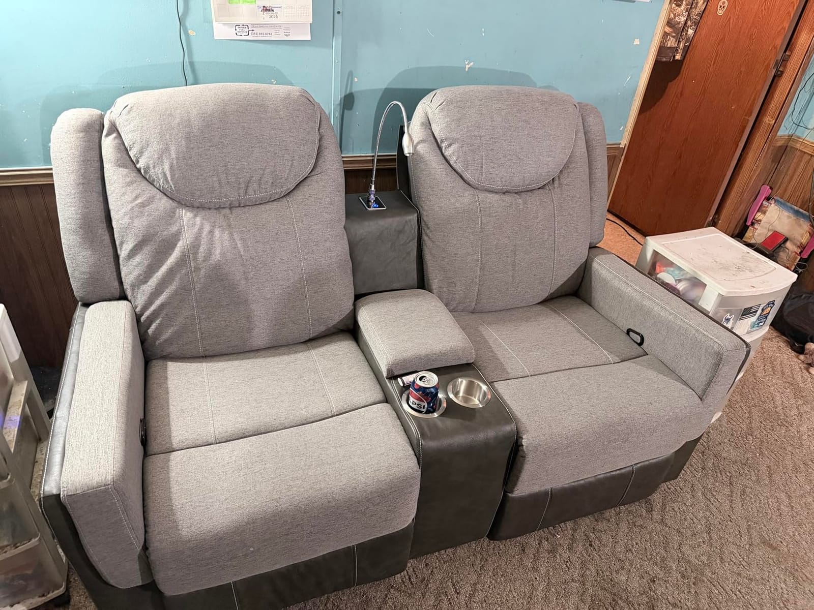 Dresegmt Recliner Sofa, 2 - Way Multi - Function Manual 3 Seater Couch with Cup Holders, Storage & USB Ports, Modern Multifunctional Sofa, Grey Linen & Leather Reclining Couch for Living Room customer photo 2