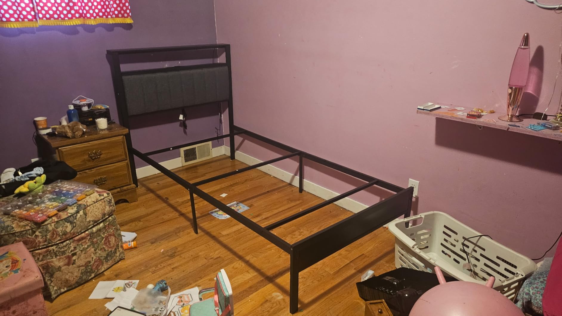Furnulem Queen Bed Frame with Storage Drawers and Upholstered Headboard | Metal Platform Bed with Charging Station, LED Lights, 2 Tier Shelves, Fabric Drawers. No Box Spring Needed, Noise Free, Grey customer photo 2