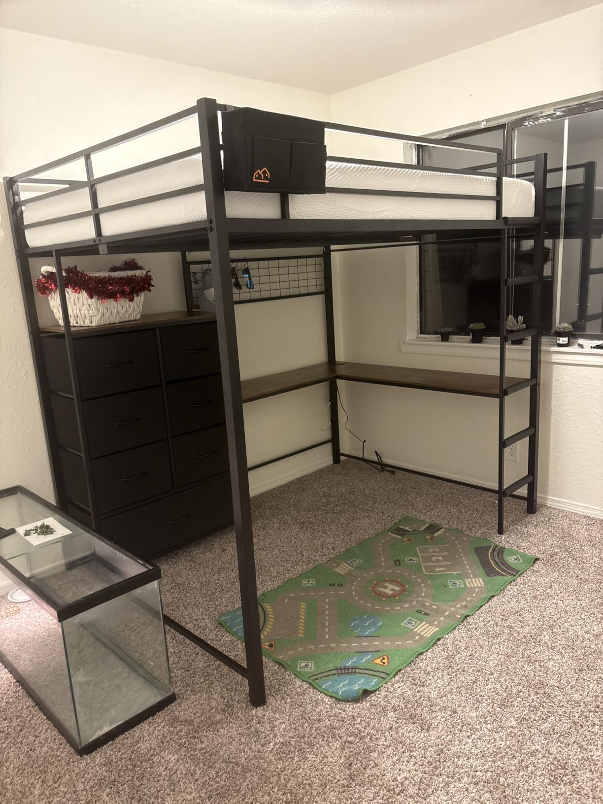DICTAC Twin Size Loft Bed with L-Shaped Desk and 7 Storage Drawers,Metal Twin Loft Bed for Kids with LED Lights and Charging Station,13.11