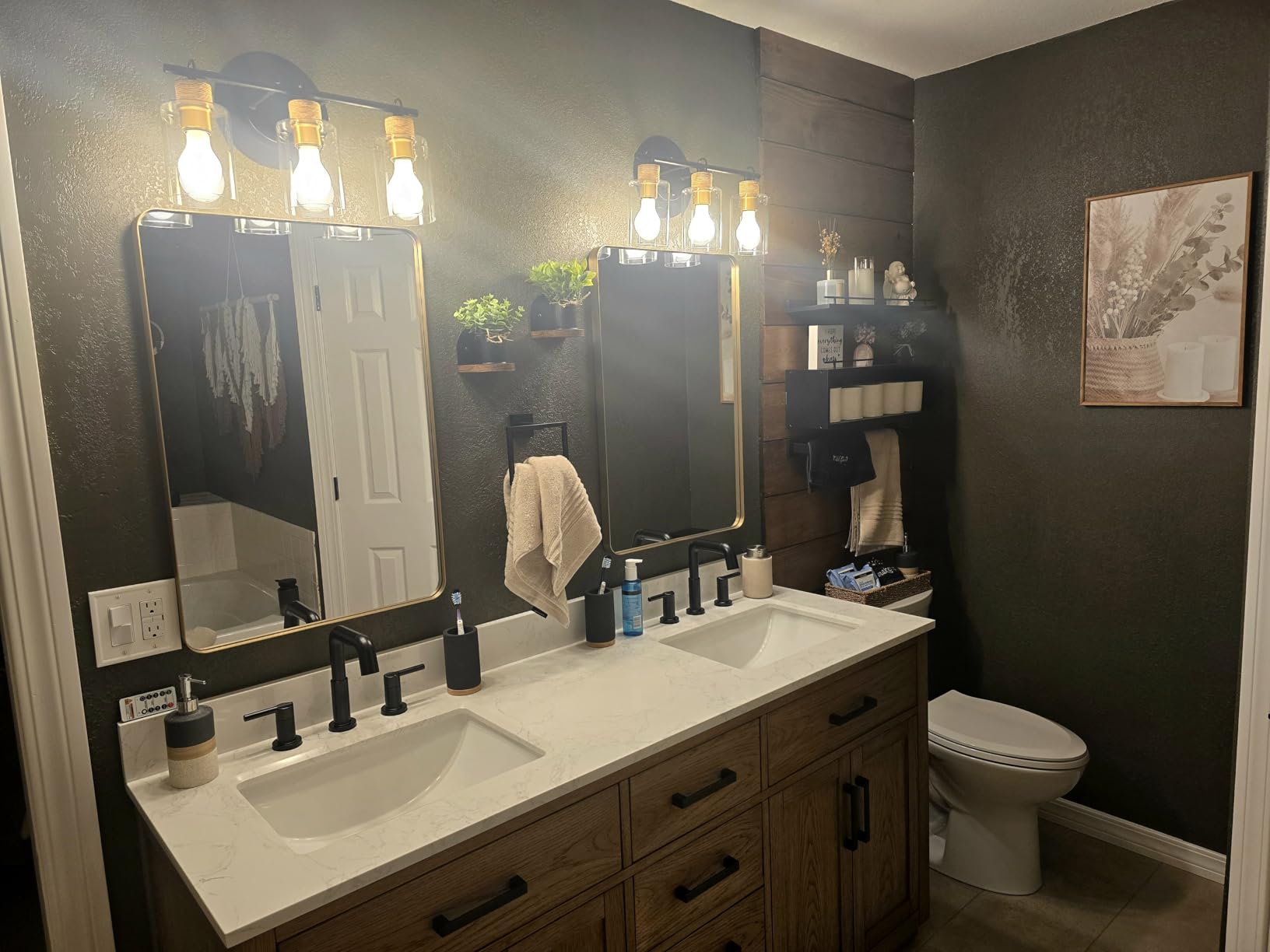 60-inch Dark Walnut Bathroom Vanity with 2 Sinks, Solid Wood, 0.79-inch Stone Countertop and Backsplash, 6 Drawers, 4 Soft Closing Doors customer photo 1