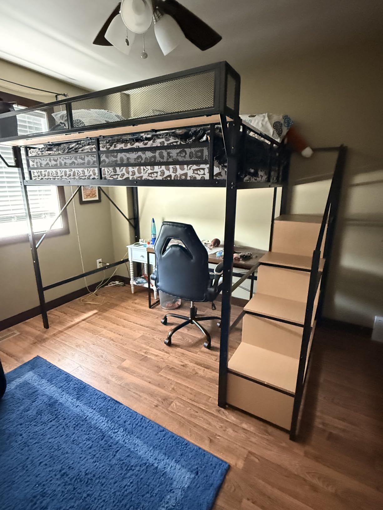 Mirightone Full Size Loft Bed with Stairs and Storage, Metal Loft Bed Frame with Bedside Shelf and Large Under-Bed Space, Heavy-Duty Loft Beds for Adults Teens and Kids, Convertible Staircase, Black customer photo 1