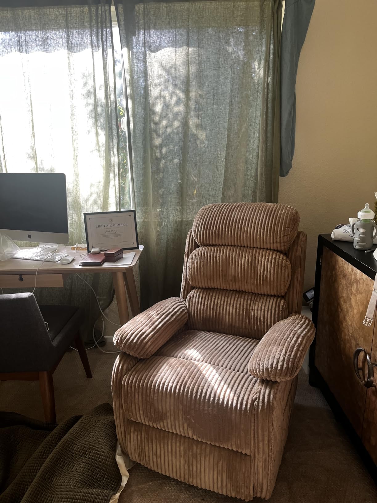 Velvet Upholstered Glider Recliner Chair – 360° Swivel Rocker Chair for Adults, Small Rocking Chair for Small Spaces, Soft Fabric Recliner Chair with Side Pockets, Comfortable Nursery Chair,Brwon customer photo 1