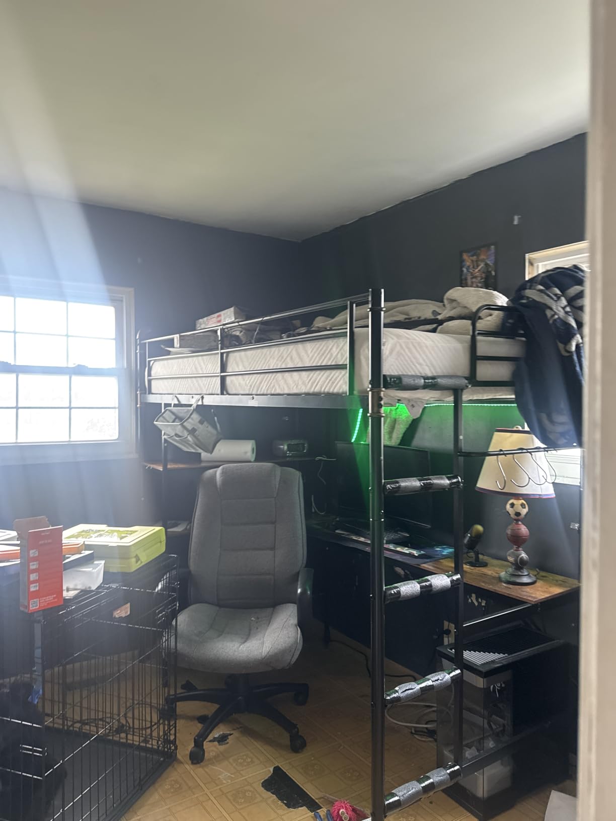 Full Size Loft Bed with L-Shaped Desk, LED Lights,Charging Station, Industrial Heavy Duty Metal Loft Bed Frame with 3 Storage Shelves and 3 Fabric Drawers, Safety Guard & Ladder, Vintage Brown customer photo 1