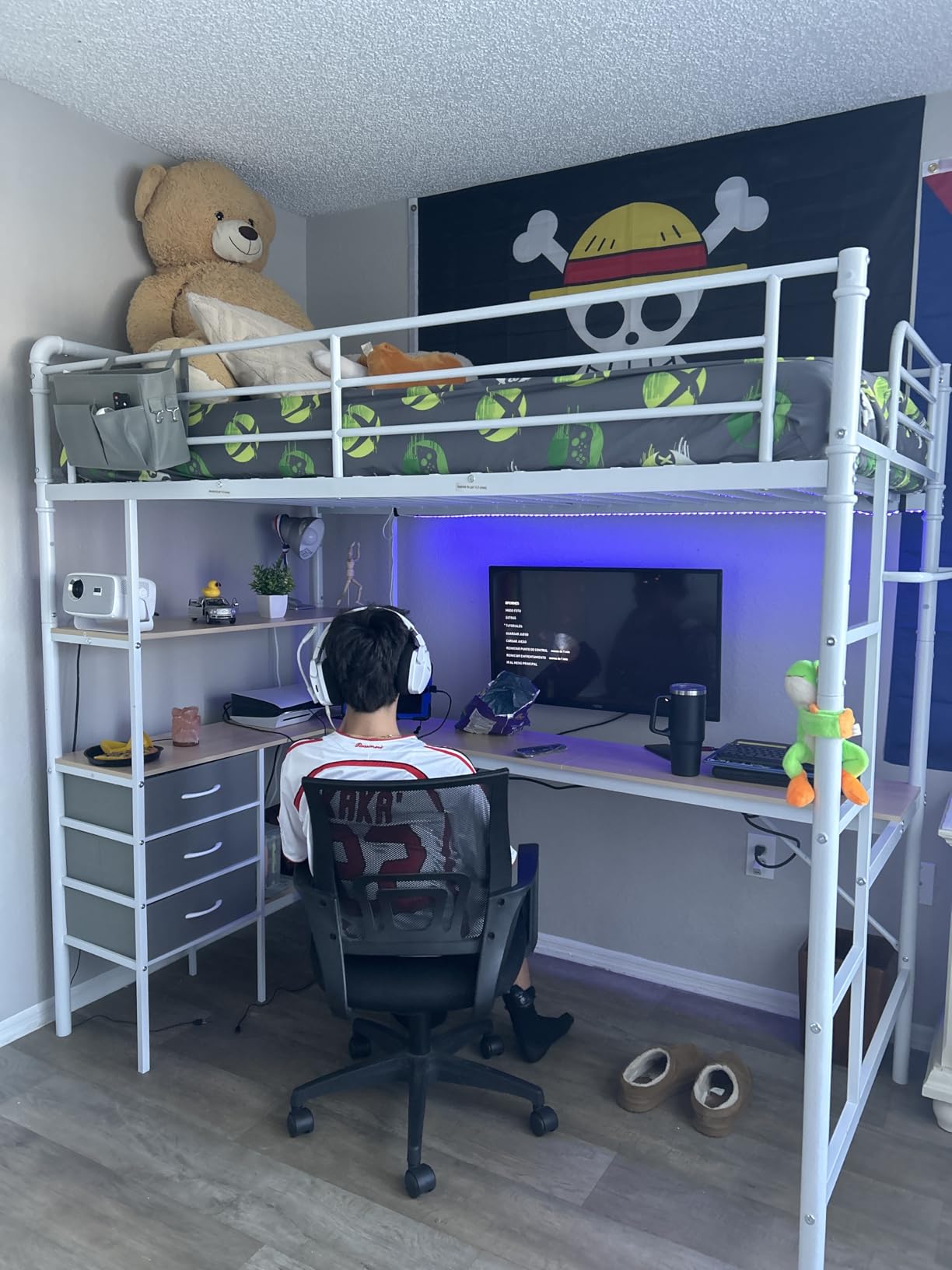 Full Size Loft Bed with L-Shaped Desk, LED Lights,Charging Station, Industrial Heavy Duty Metal Loft Bed Frame with 3 Storage Shelves and 3 Fabric Drawers, Safety Guard & Ladder, Vintage Brown customer photo 2