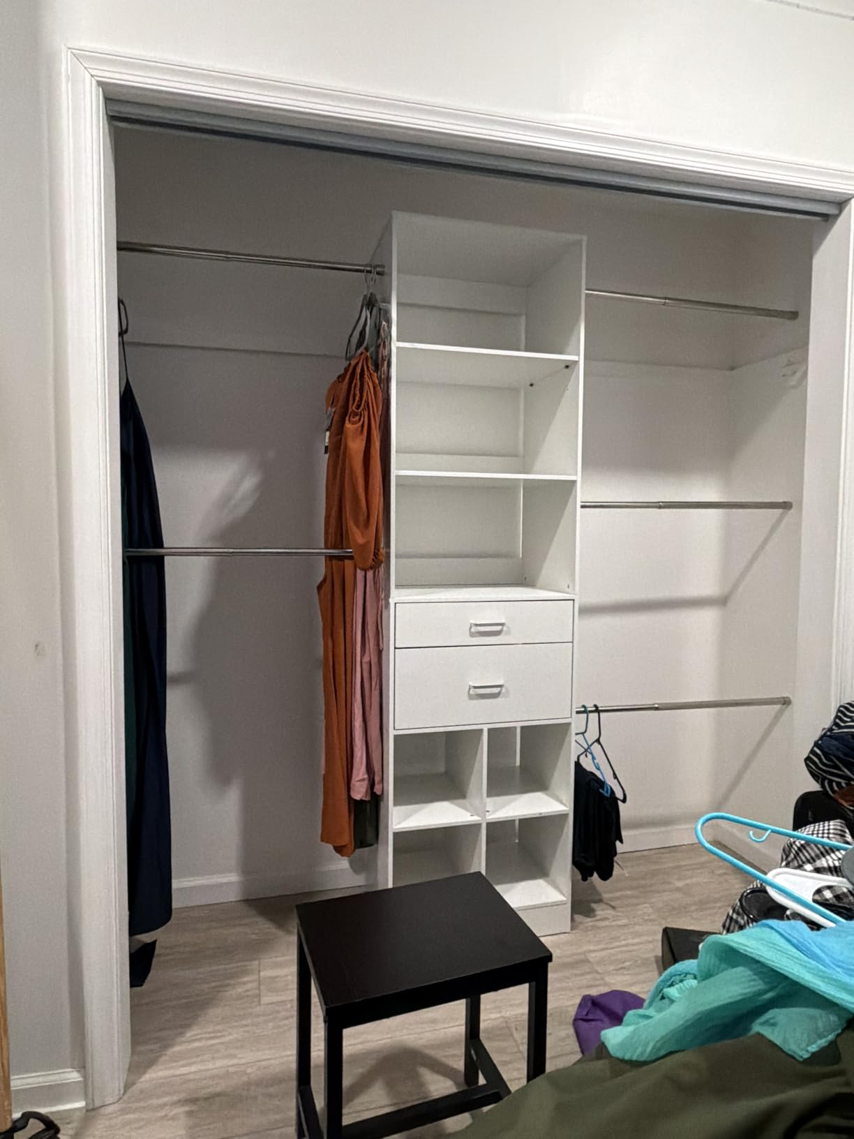 Besiost Closet System, 4-8 FT Closet Organizer Tower with 2 Wooden Drawers and Shelves, Can Fit 60 to 96 inch Walk-in Closet System with 5 Hanging Rods, Built-in, White customer photo 1