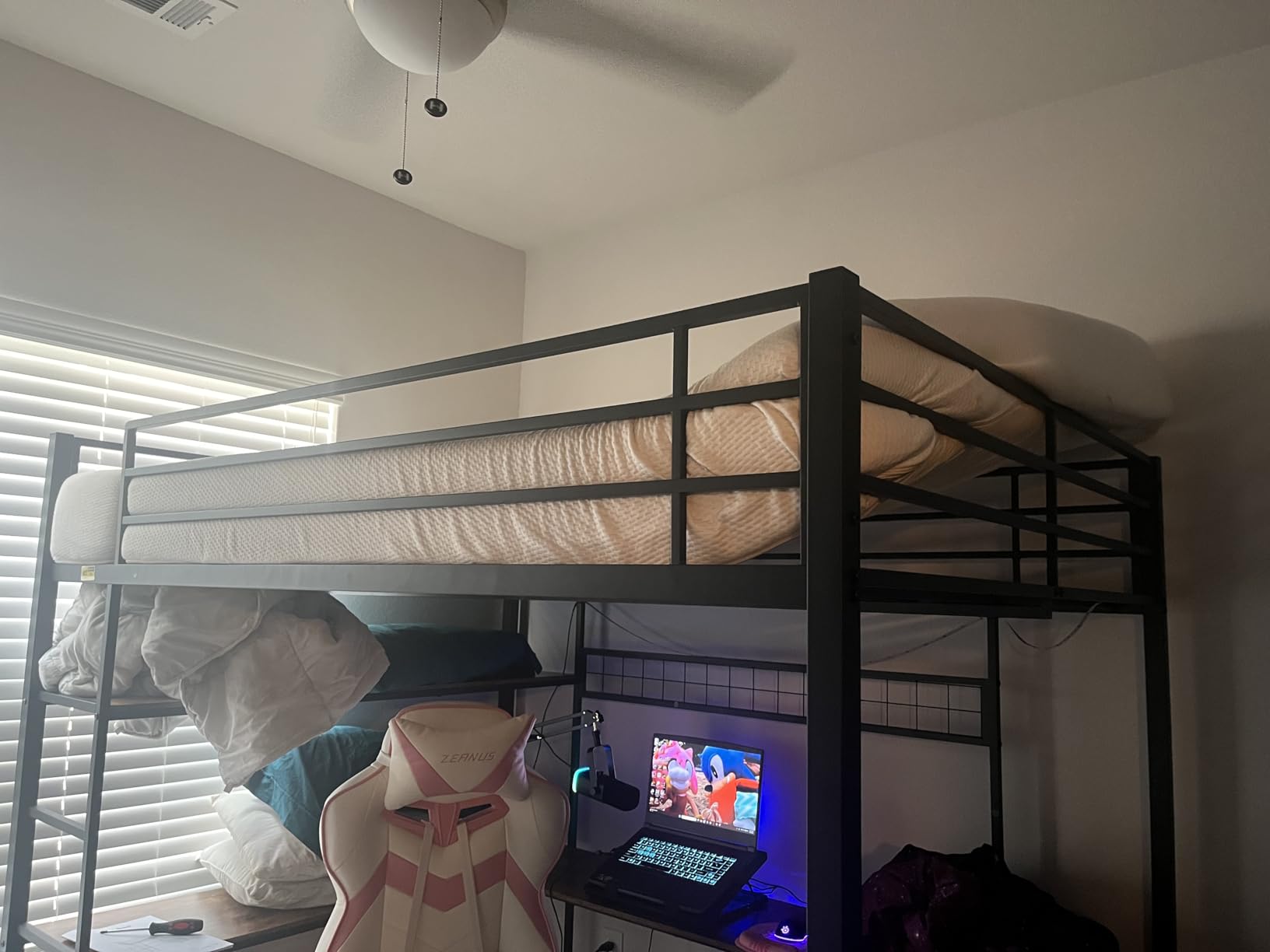 DICTAC Loft Bed Full Size with U-Shaped Desk,7 Storage Drawers and Charging Station,Metal Full Loft Bed with Led Lights and 2-tier Storage Shelves,loft full bed with Safety Guardrail and Ladders,White customer photo 1