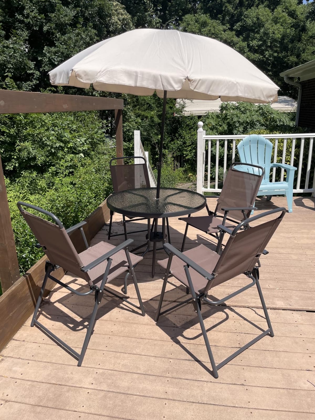 Shintenchi 6 Piece Patio Dining Set with Umbrella, Outdoor Furniture Set with 4 Folding Chairs and Tempered Glass Top Dining Table fot Lawn Backyard Garden Porch Brown and Beige customer photo 2