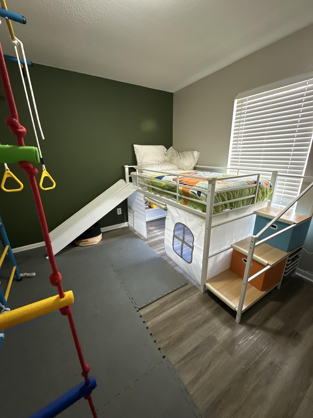 DICTAC Low Loft Bed with Desk and 6 Storage Drawers Twin Loft Bed with Bookshelf,LED Lights & Under-Bed Play Space,Kids Twin Beds with 13.8''H Safety Guardrail,Inclined Ladder&Play Curtain,Pink+White customer photo 2