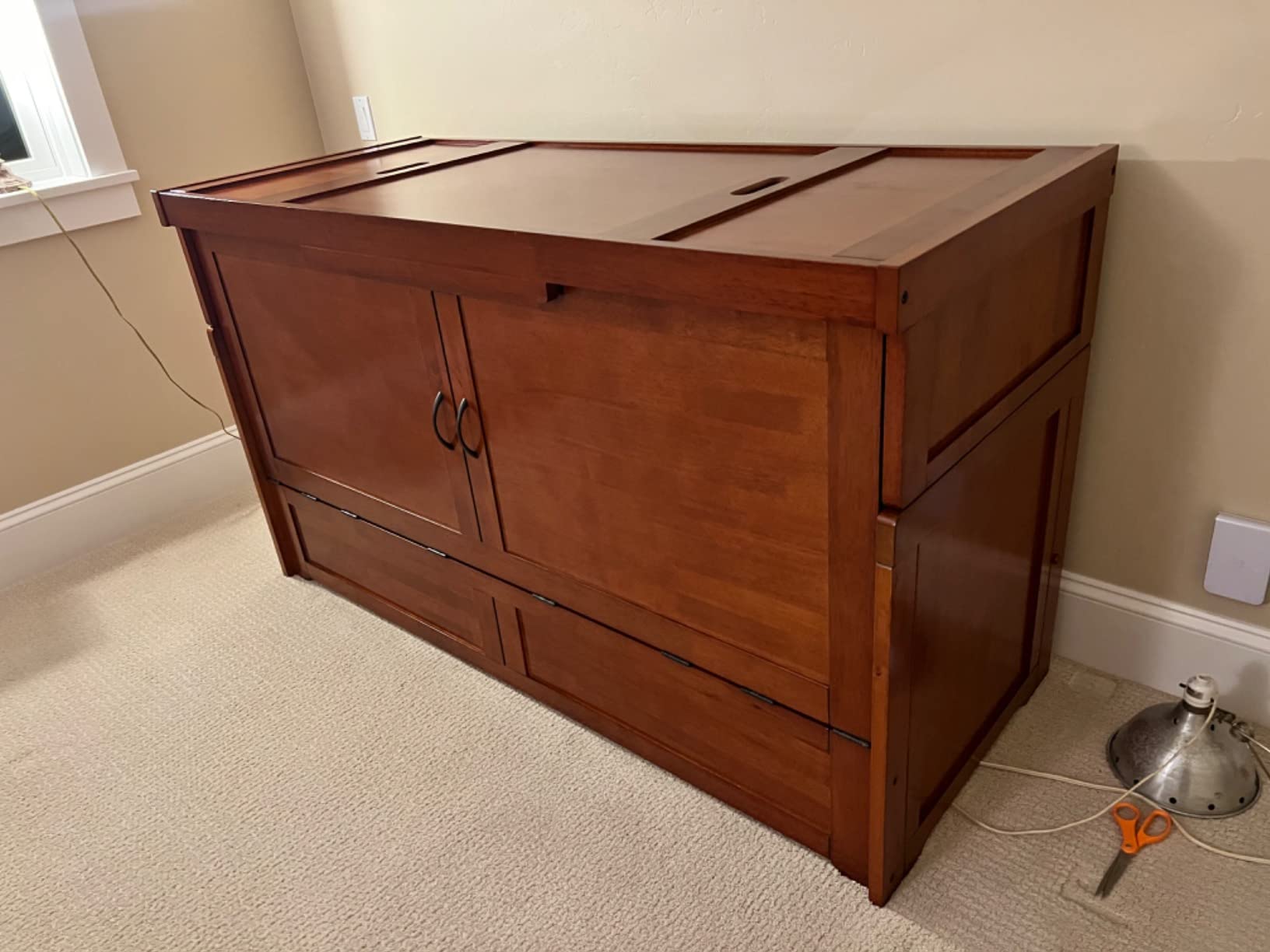NIGHT & DAY Furniture Murphy Cube Cabinet Bed Queen – Solid Hardwood Fold-Out Space-Saving Portable Cabinet Bed with 6” Gel Memory Foam Mattress – Normandy Brown Finish customer photo 1