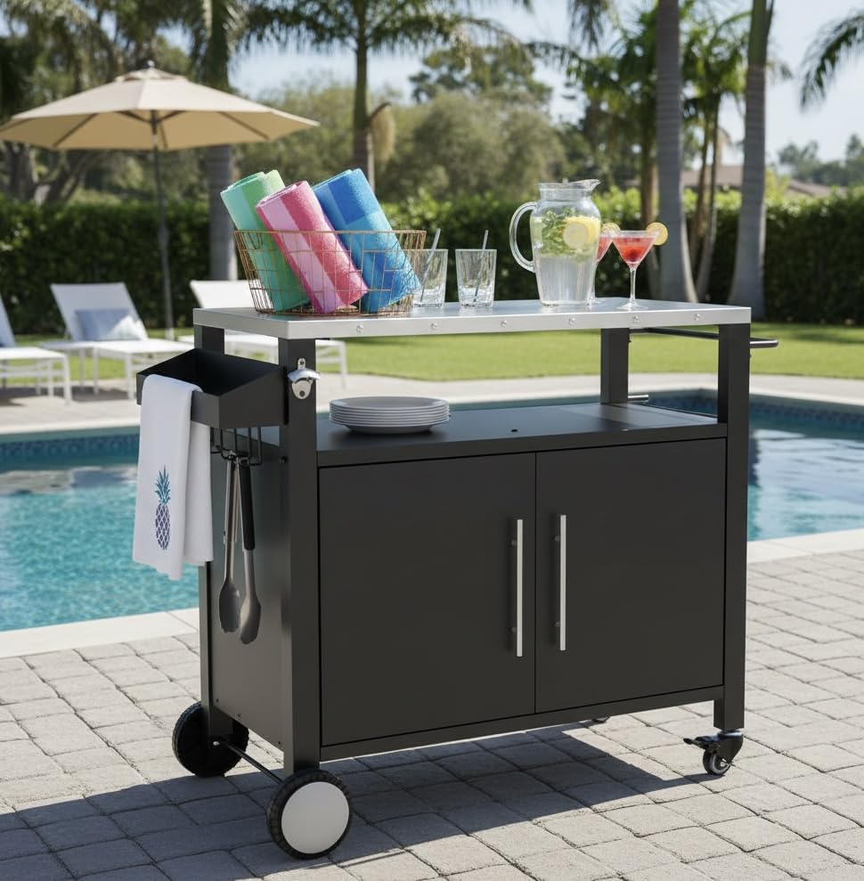Outdoor Grill Table with Sink, Metal Worktable Kitchen Cabinet Island | Outdoor Grill Cart with 304 Stainless Steel Sink, Foldable Top, Storage Cabinet, Rolling Bar Cart for Garden, Backyard & Lawn customer photo 2