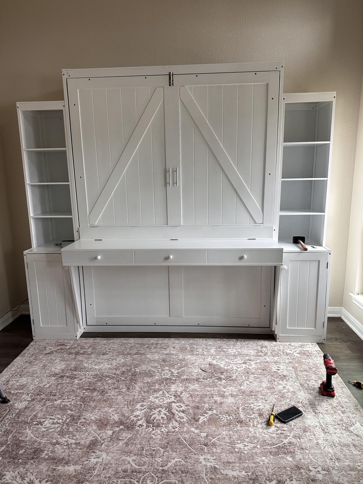 PVWIIK Queen Size Murphy Bed with Desk & Cabinet, White | Murphy Bed with Desk & Storage Cabinet, Shelf, Wall Bed Frame Folding into Cabinet Design customer photo 1