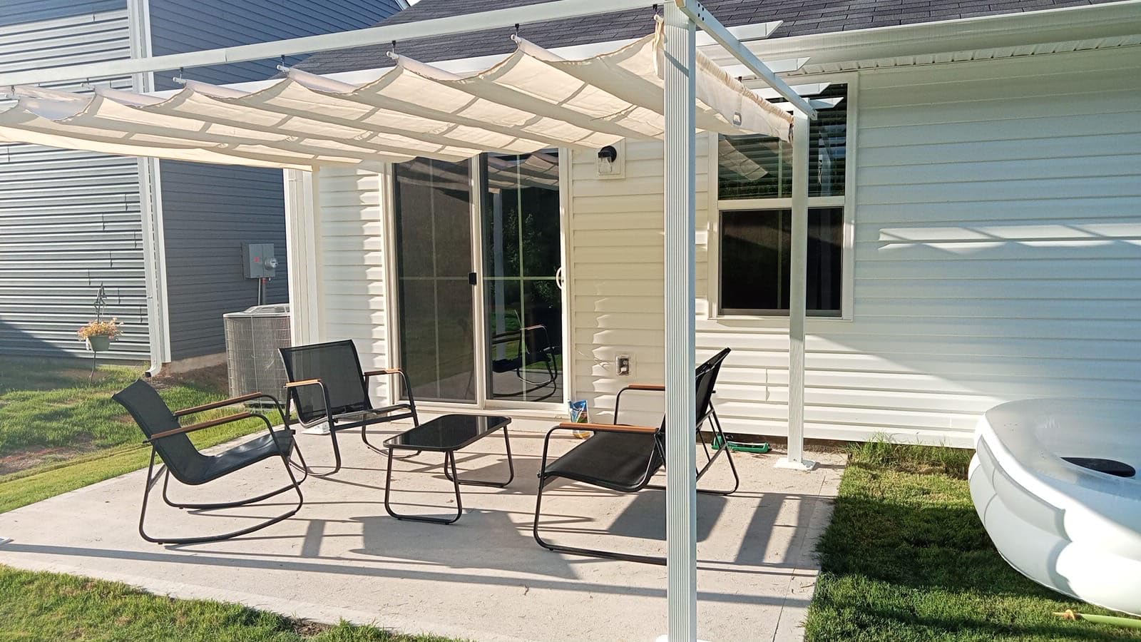HAPPATIO 12' X 12' Wood-Grain Retractable Pergola with Sun Shade Canopy, Patio Aluminum Frame Shelter for Backyards, Gardens, Porch, Includes Ground Studs and Expansion Screws (Grey) customer photo 1