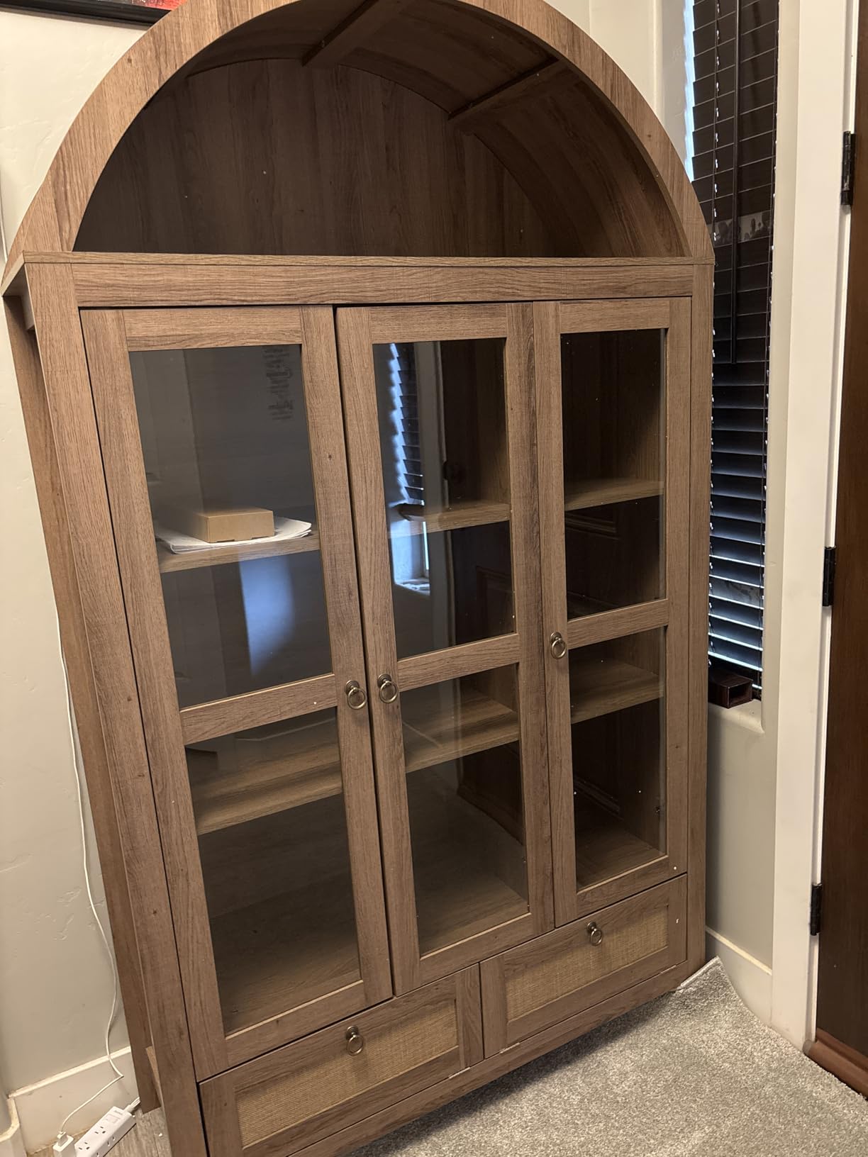 TYBOATLE 75'' Arched Cabinet Classic Farmhouse Design w/Three Glass Doors, Arch Cabinet w/Rattan Drawers and Anti-Tipping Device, Versatile Cupboard for Kitchen, Bathroom, Natural customer photo 1