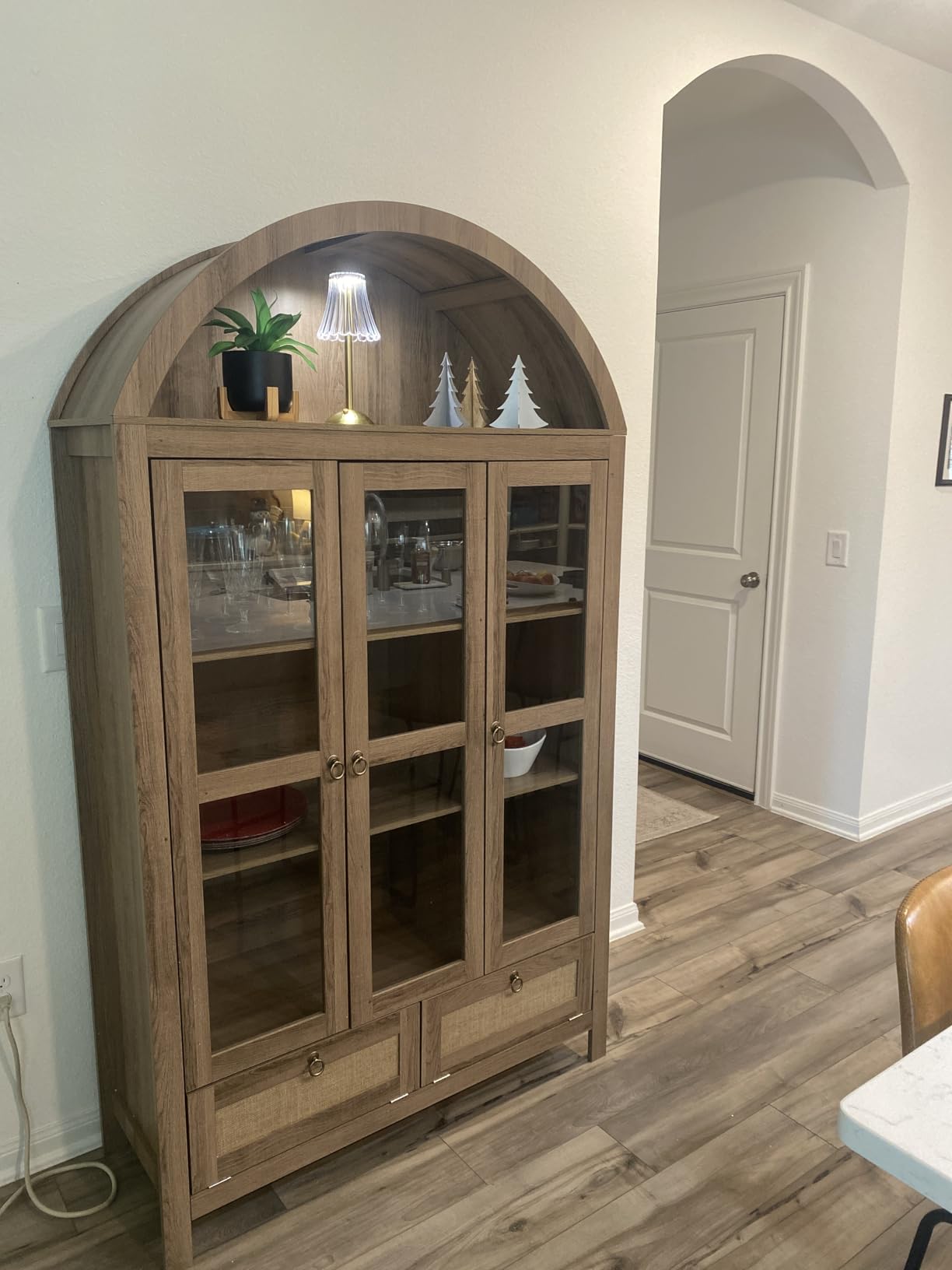 TYBOATLE 75'' Arched Cabinet Classic Farmhouse Design w/Three Glass Doors, Arch Cabinet w/Rattan Drawers and Anti-Tipping Device, Versatile Cupboard for Kitchen, Bathroom, Natural customer photo 2