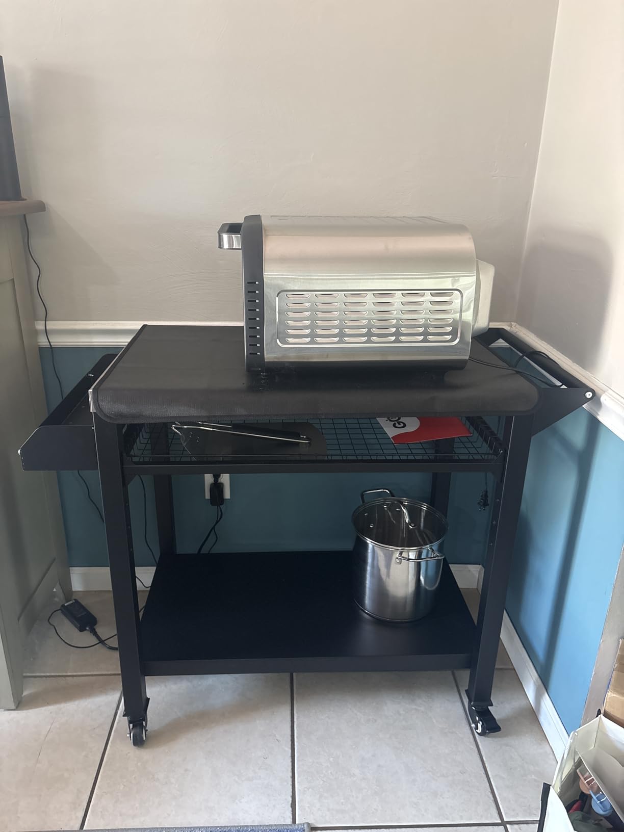 Outdoor Grill Cart with Stainless Steel Top, Outdoor Kitchen Island BBQ Prep Table, 2-Tier Storage Cabinet, Rolling Utility Station with Hanging Trash Bin, Wheels, Side Shelf for Patio, Yard, Picnic customer photo 2
