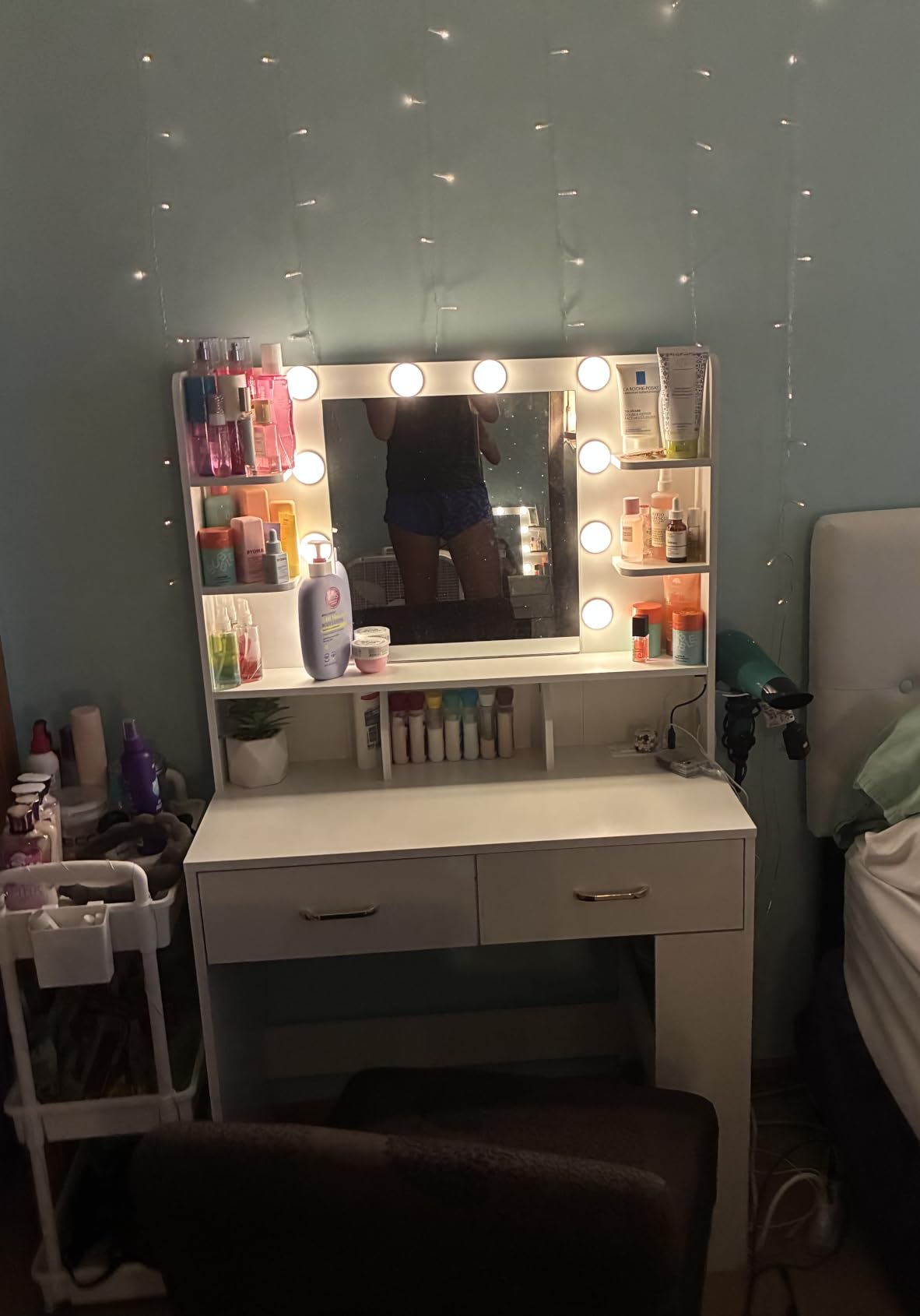 LUCKRACER Vanity Desk with LED Lights Mirror & Charging Station, Makeup Vanity with Storage Drawers and Shelves, Modern Dressing Table for Women Girls Bedroom, Ivory White customer photo 1