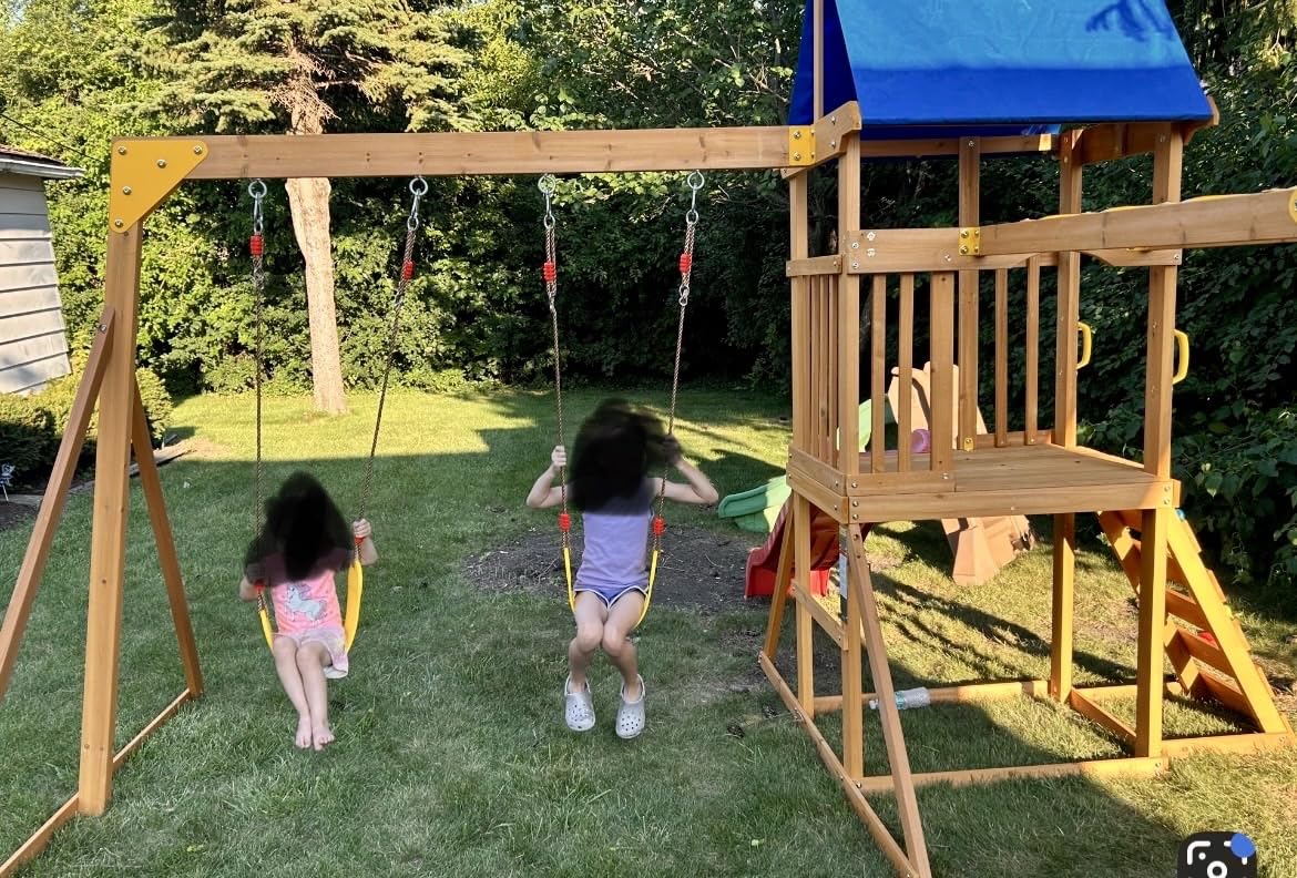 Wooden Swing Sets for Backyard with Monkey Bar, Outdoor Playset for Age 3-6 customer photo 1