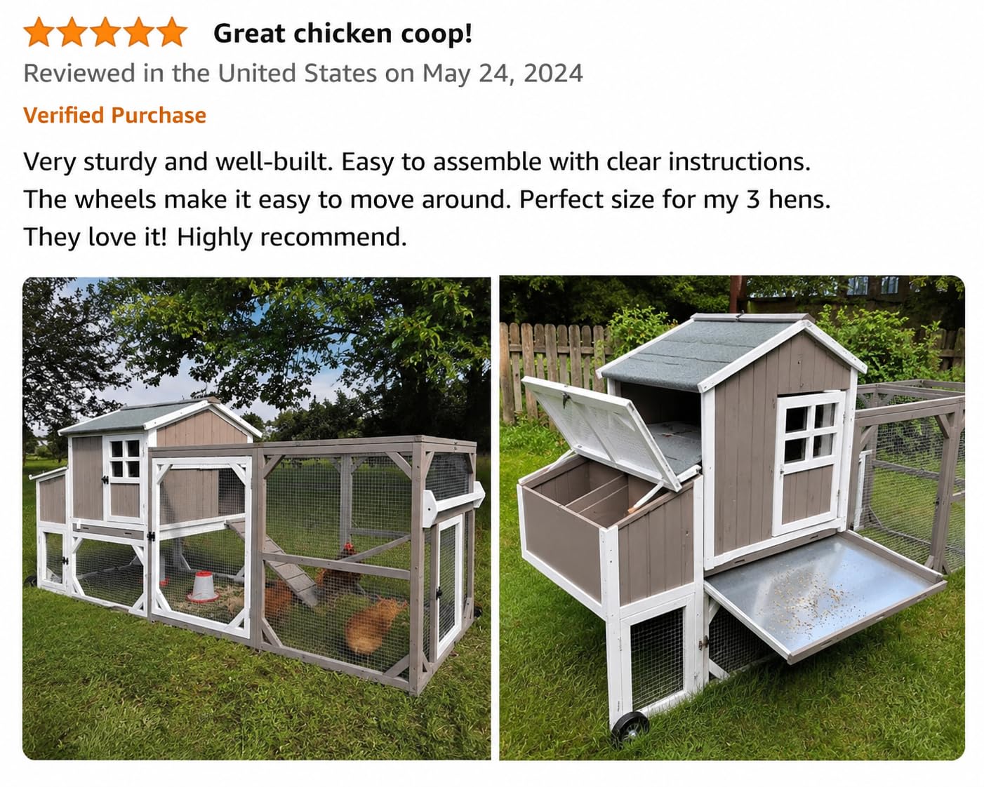 Large Chicken Coop with Wheels, Outdoor Hen House Tractor for 3-6 Chickens customer photo 2
