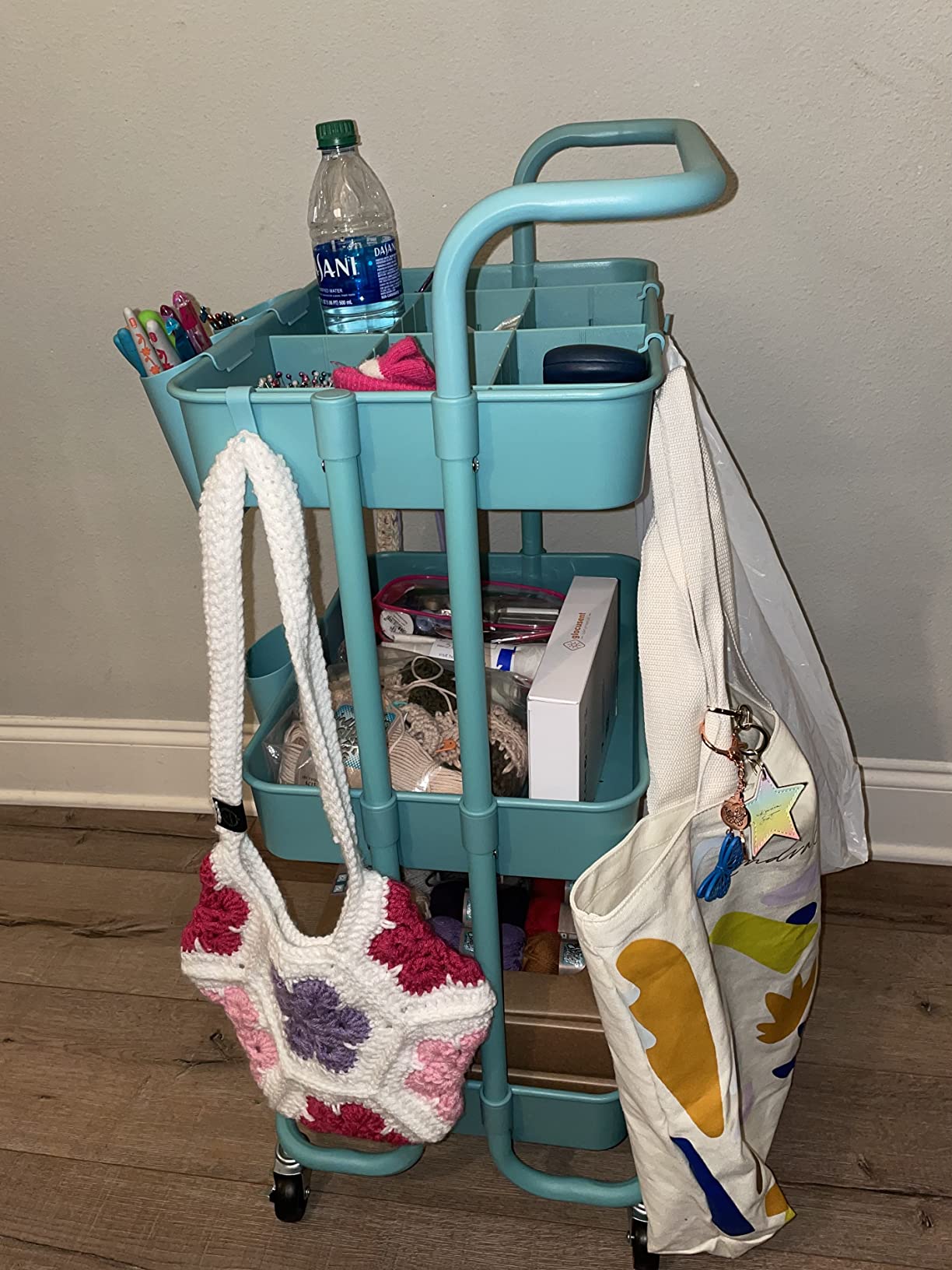 ALVOROG Rolling Storage Cart with 5 Drawers,Pegboards,Wooden Top,Bins,White customer photo 1