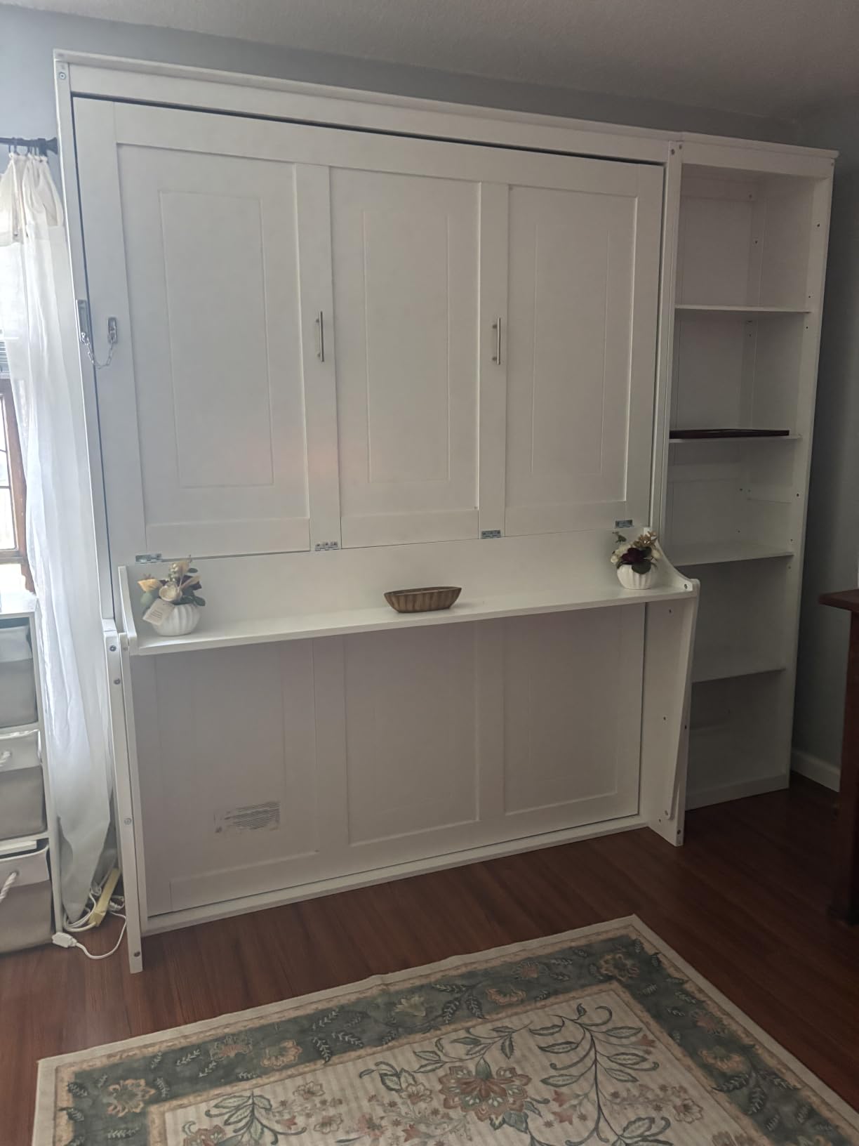 MERITLINE Queen Murphy Bed with Desk and Storage Cabinet & LED Lights, Solid Wood Folding Murphy Wall Bed Cabinet with Storage,Vanity Desk and Drawers,for Library,Guest Room,Office (Walnut,Queen) customer photo 2