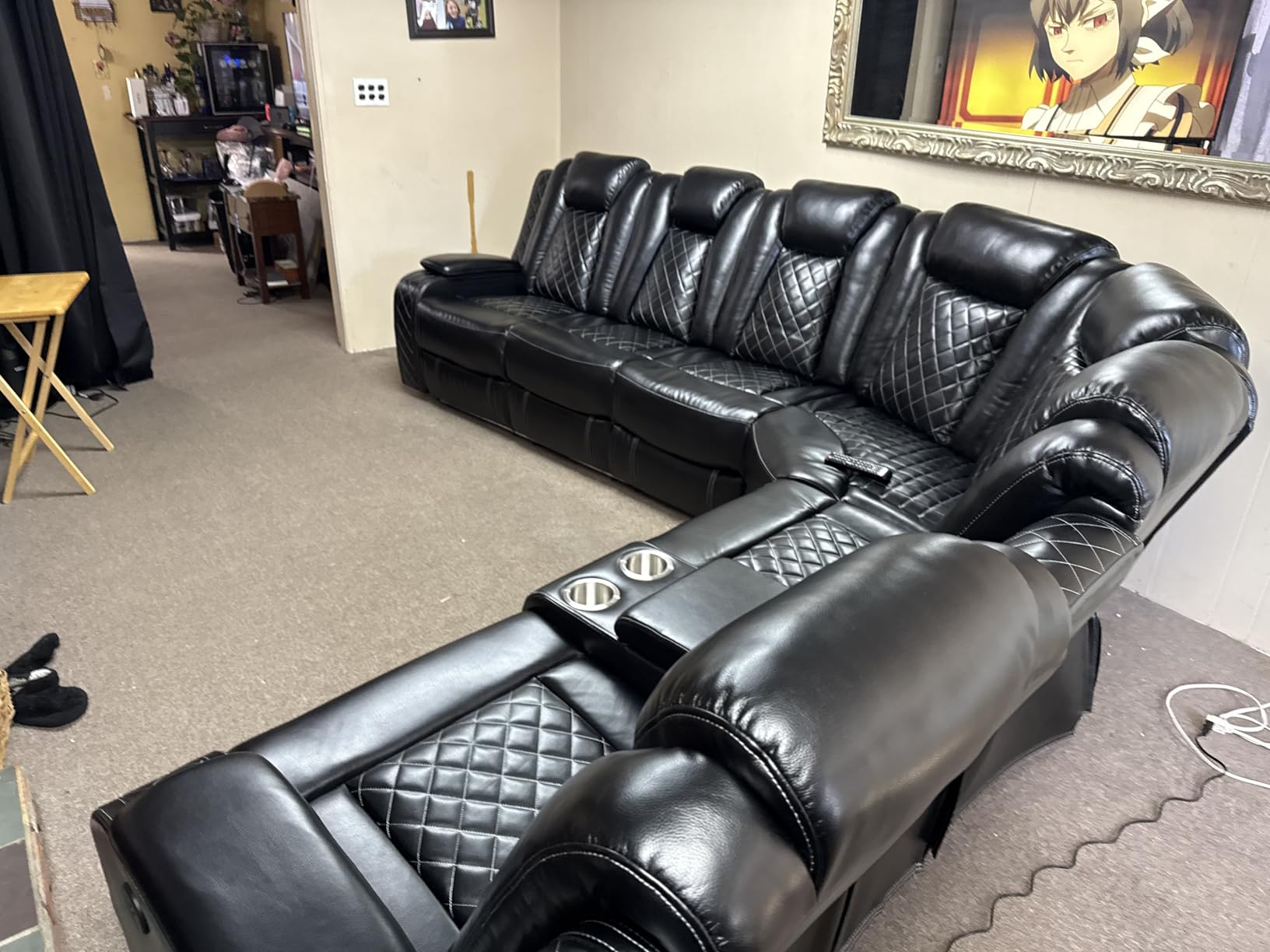 Power Recliner Sectional Sofa with Speaker, Black Faux Leather Reclining Couch for Living Room, 6-Seat L Shaped Sectional Couch with LED/USB Port/Cup Holder for Home Theater customer photo 2