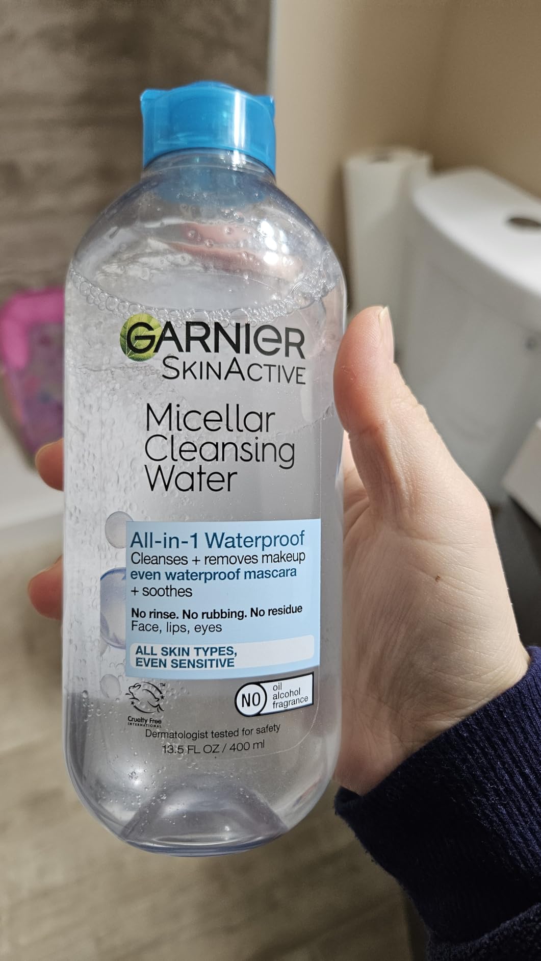 Garnier SkinActive Micellar Water For Waterproof Makeup, Facial Cleanser & Makeup Remover, 13.5 Fl Oz (400mL), 1 Count (Packaging May Vary) customer photo 1