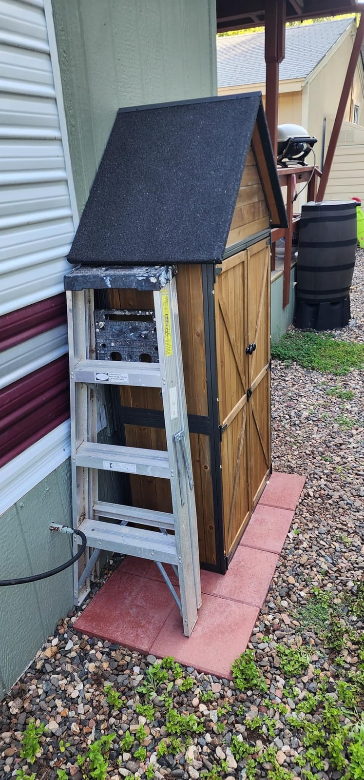 GUTINNEEN Outdoor Storage Cabinet, Upgraded with Durable Front Metal Frame Garden Shed Tool Storage Cabinet with Wooden Floor Adjustable Shelfs 2.5 x 1.4FT （Brown） customer photo 1