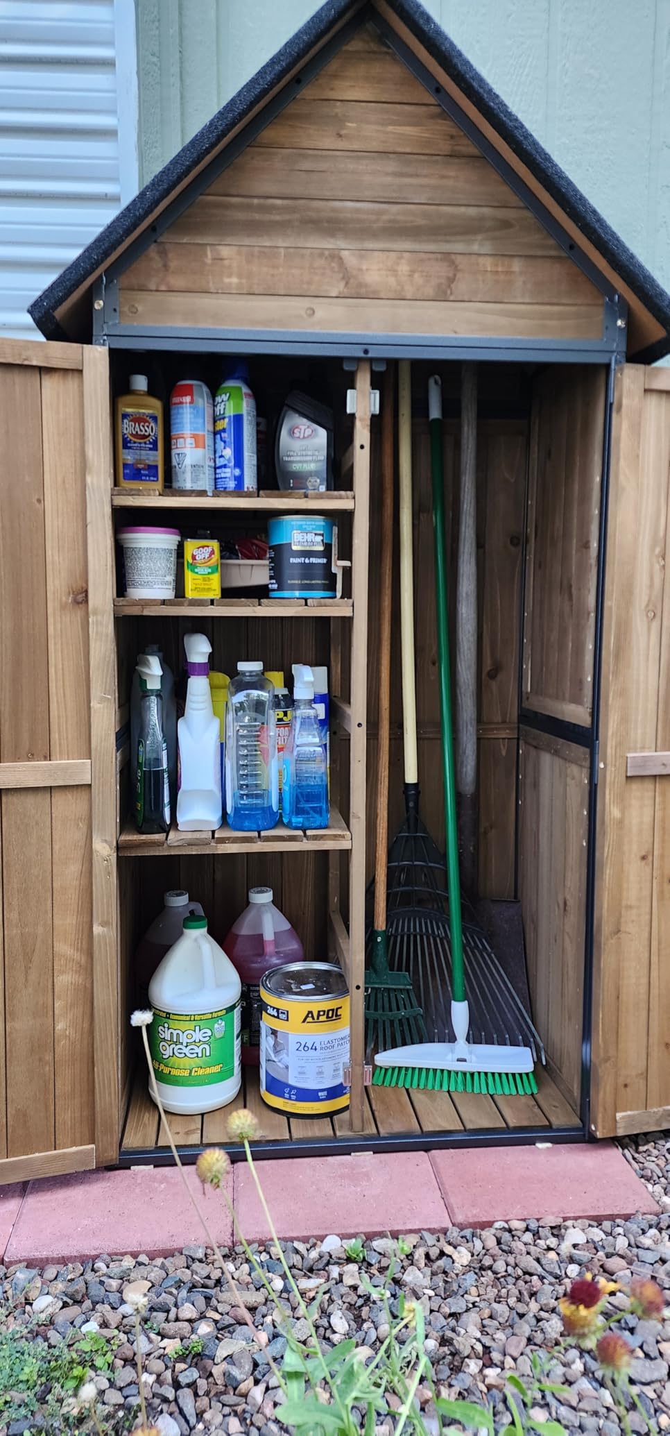 GUTINNEEN Outdoor Storage Cabinet, Upgraded with Durable Front Metal Frame Garden Shed Tool Storage Cabinet with Wooden Floor Adjustable Shelfs 2.5 x 1.4FT （Brown） customer photo 2