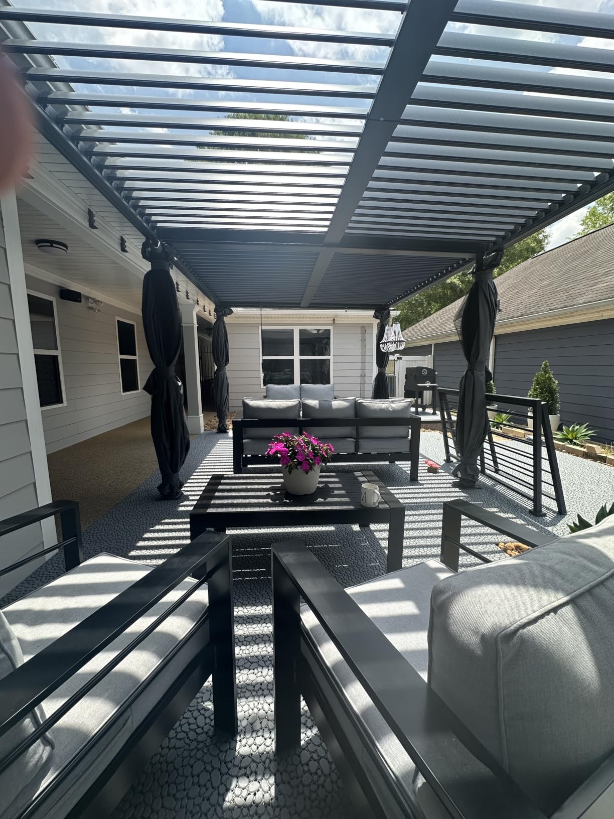 EROMMY Louvered Pergola 10x10, Outdoor Aluminum Pergola with Adjustable Rainproof Roof for Garden, Patio, Deck, Waterproof Curtains and Netting Included, White customer photo 2